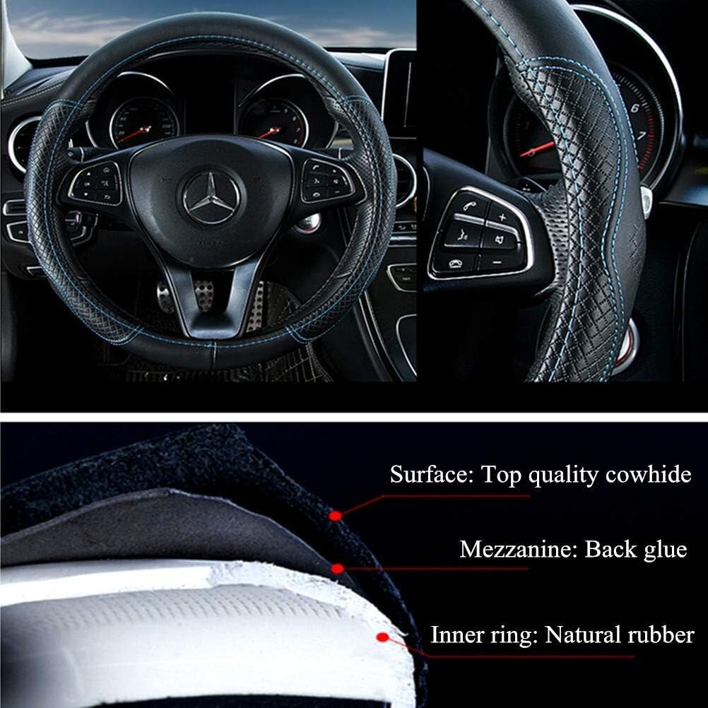 Eco-Friendly Cowhide Steering Wheel Cover in Black & Blue - 15" Size M Fit