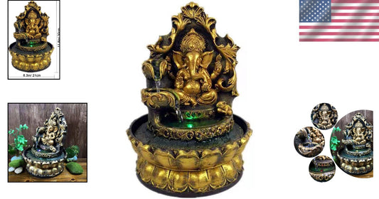 Vintage-Style Ganesha Water Fountain with Lotus and Rolling Ball - Home Accent