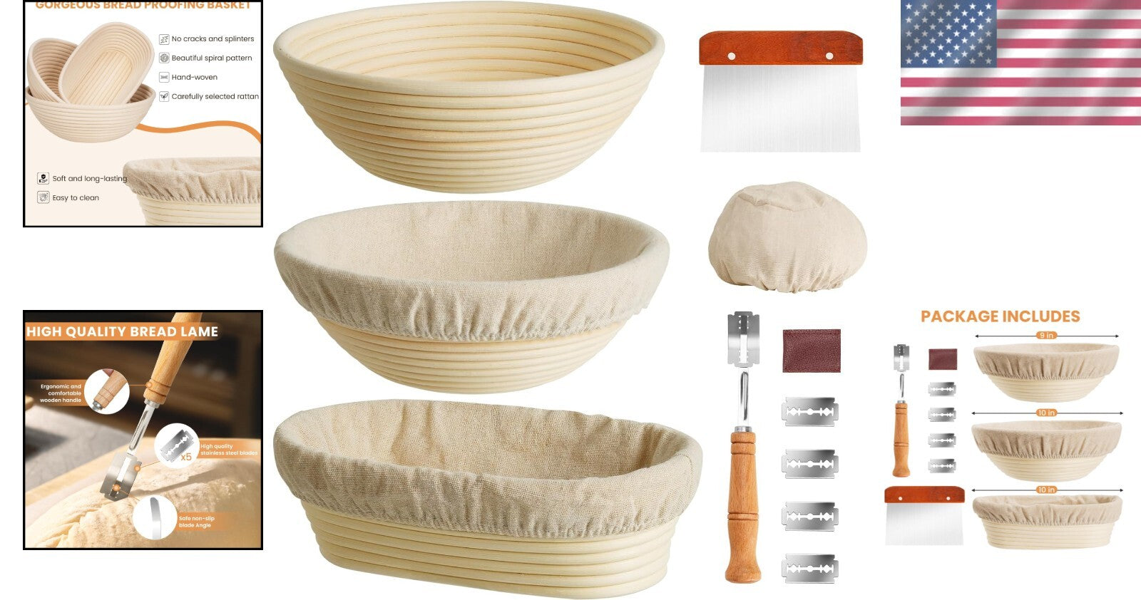 Artisan Bread Making Set: Rattan Proofing Baskets and Metal Scraper Included