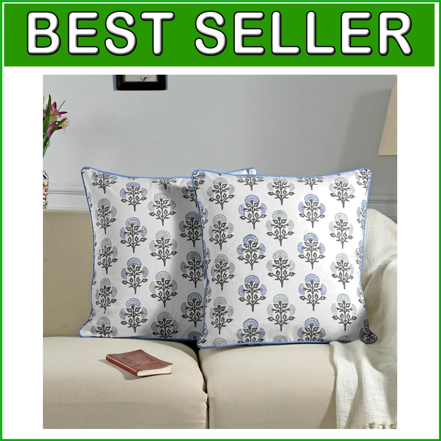 Elegant 18x18 Cotton Block Print Pillow Covers Set of 2 for Rustic Living Rooms