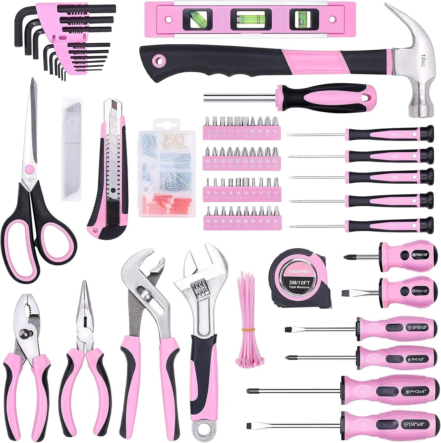 Complete Pink Tool Set - 220 Pieces with 12-Inch Storage Bag for Women