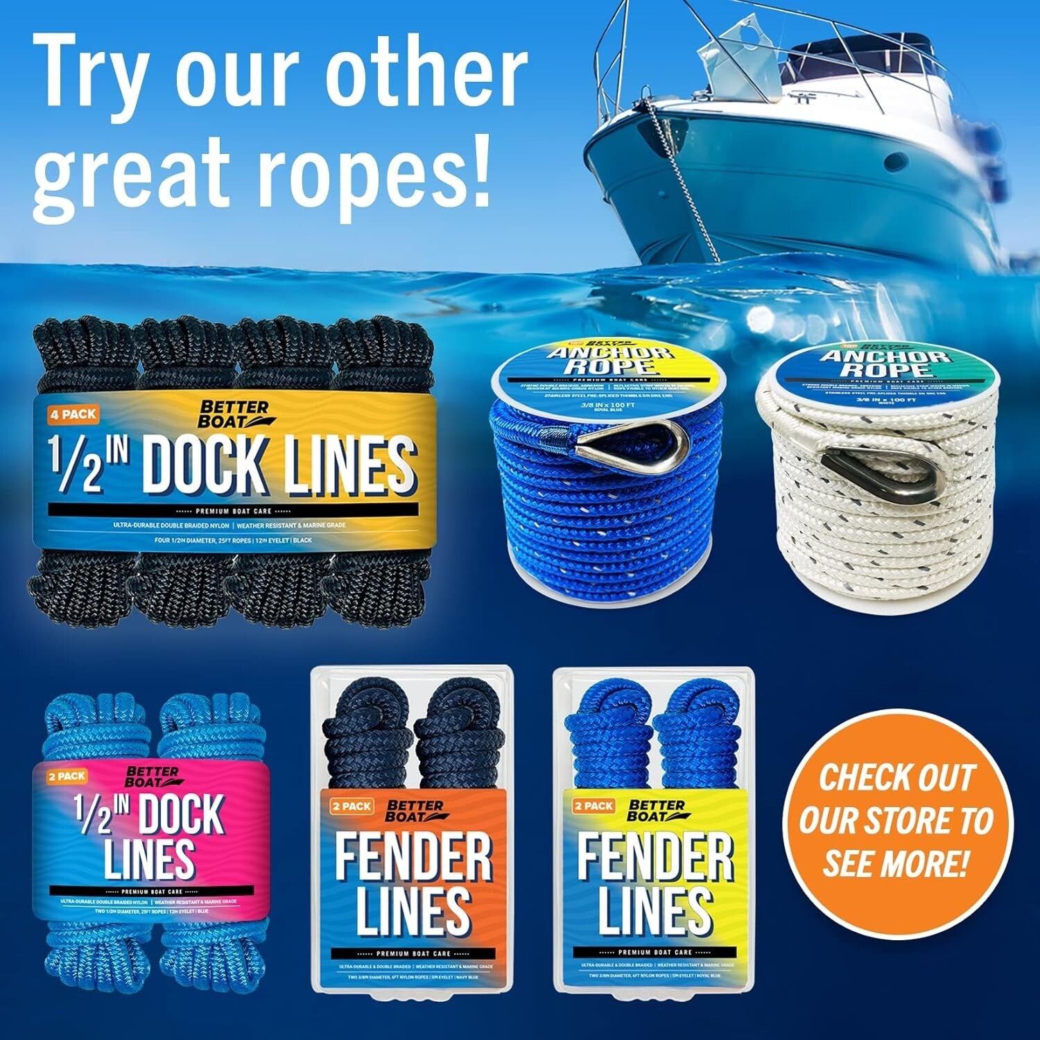 Saltwater Resistant Braided Docking Lines - 1/2 Inch Nylon, 25FT in Navy - 4PK