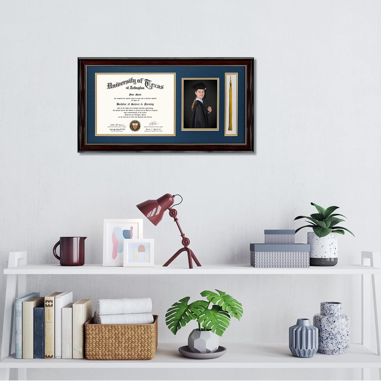 Elegant 11x22 Mahogany Diploma Frame with Tassel Holder and Navy Gold Mat
