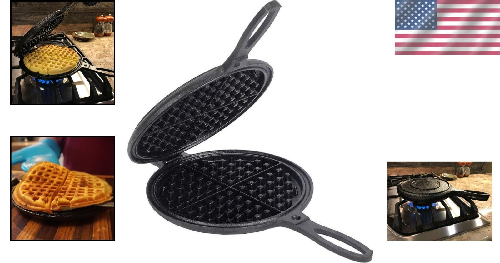 Classic Non-Electric Cast Iron Waffle Iron - 7 Inch for Stovetop & Grill