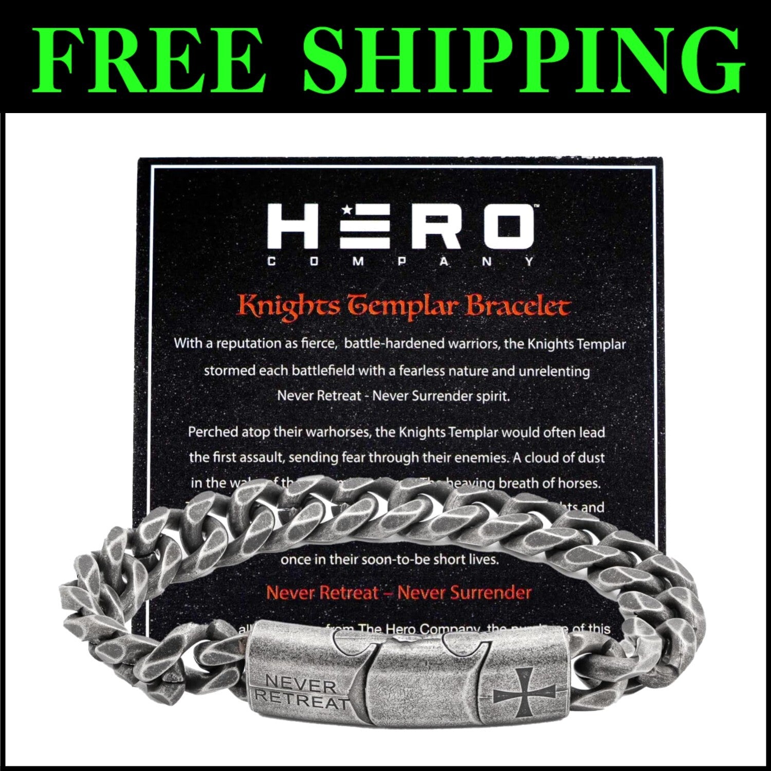 Fearless Men's Link Bracelet - Knights Templar 'Never Surrender' Stainless Steel