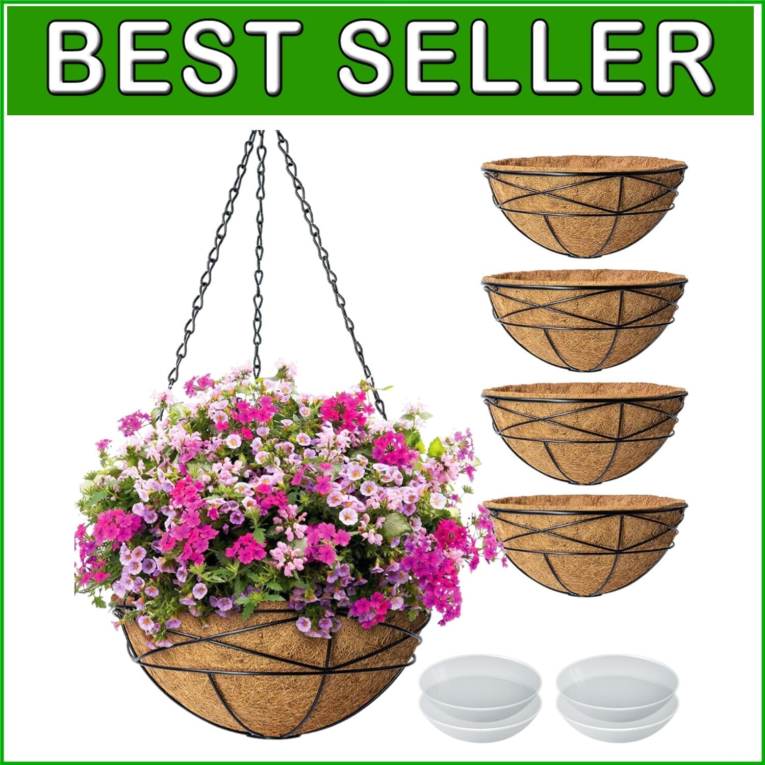Weatherproof 4 Pack 14" Hanging Baskets with Coco Liner - Ideal for Outdoors