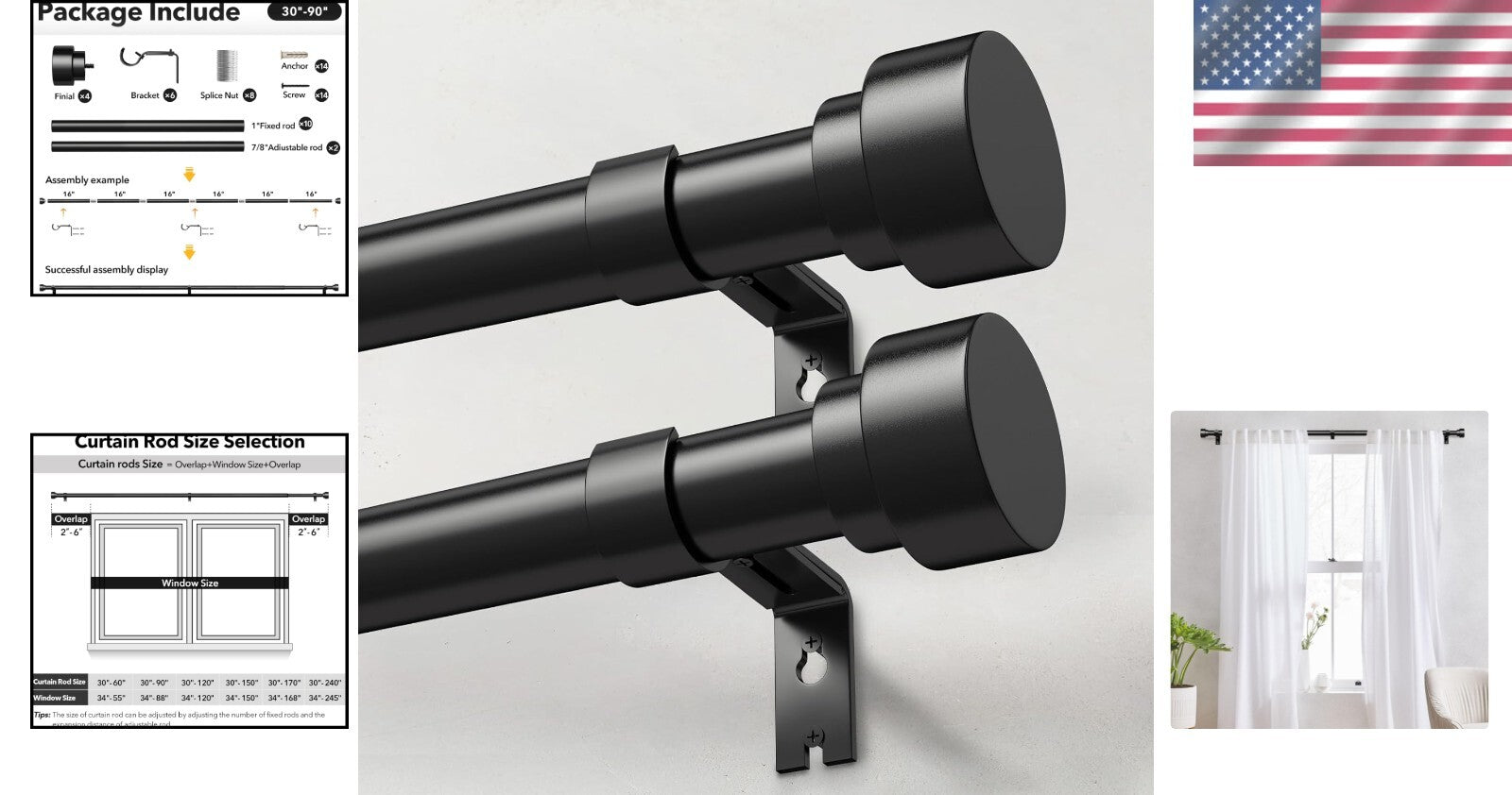 Adjustable Non-Bending Black Curtain Rod Set 2 Pack for Windows 48-84 Inches