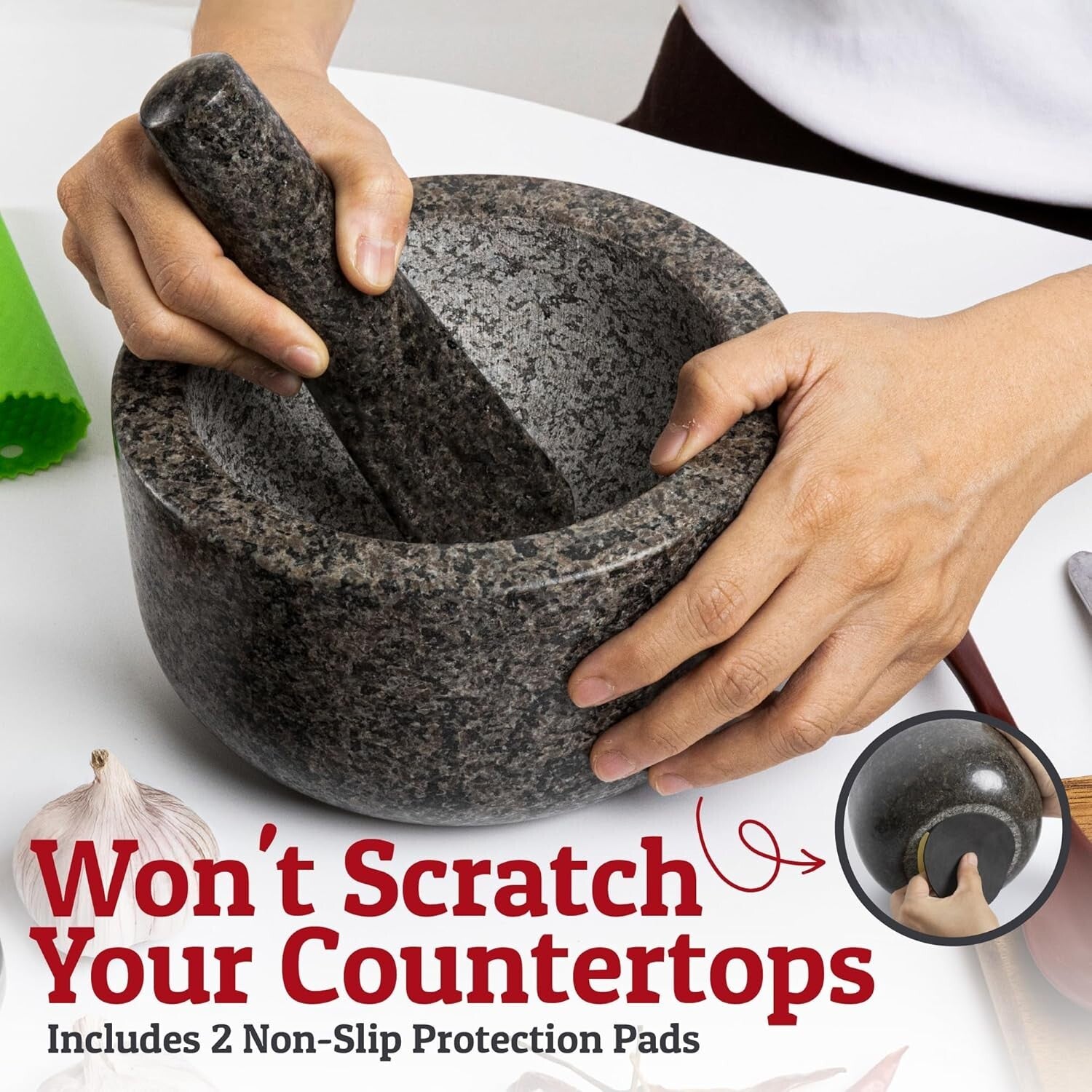 Large Black Granite Mortar and Pestle with Non-Slip Features - Stone Grinder