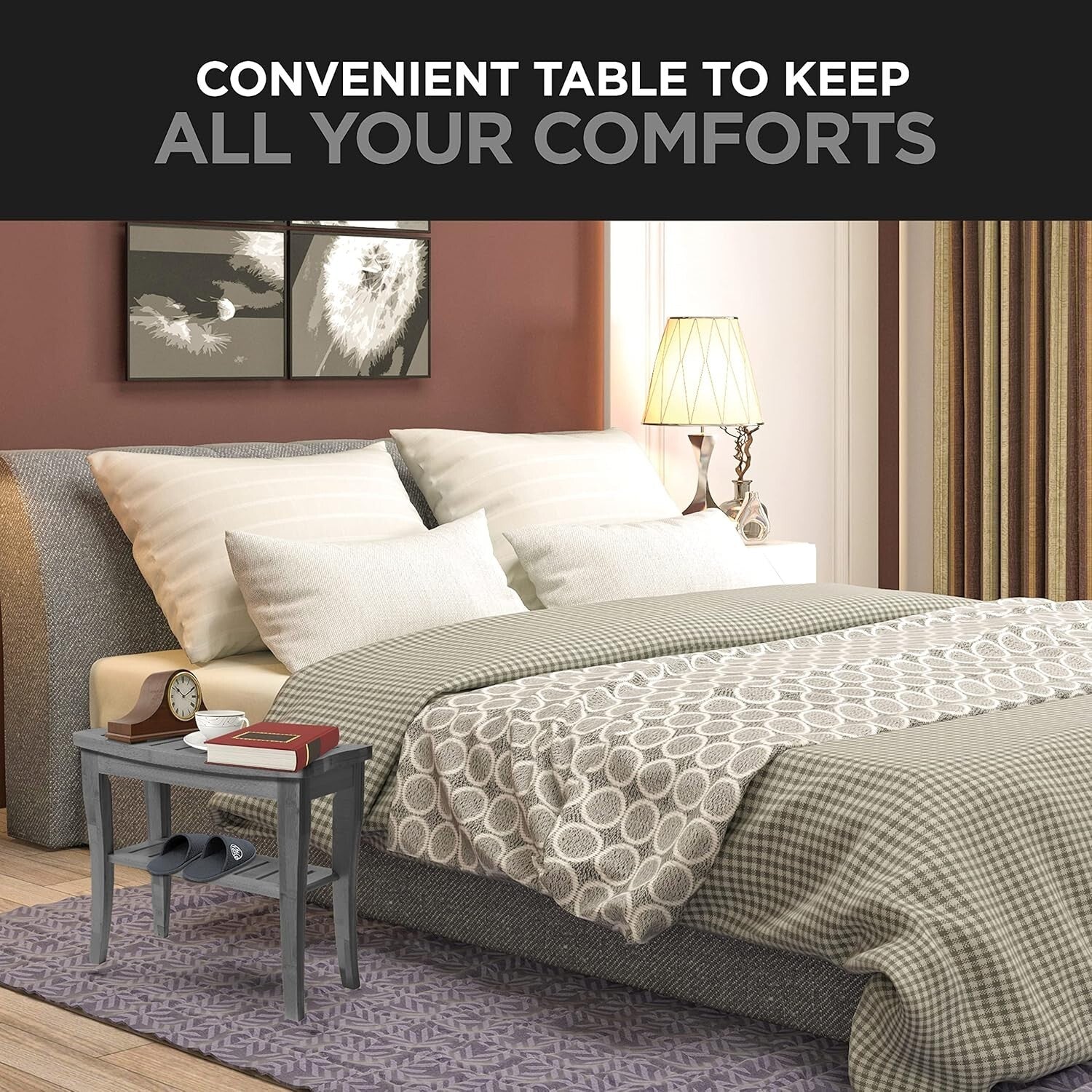 Bamboo Shower Bench - Elegant Grey Stool with Non-Slip Feet for Ultimate Safety