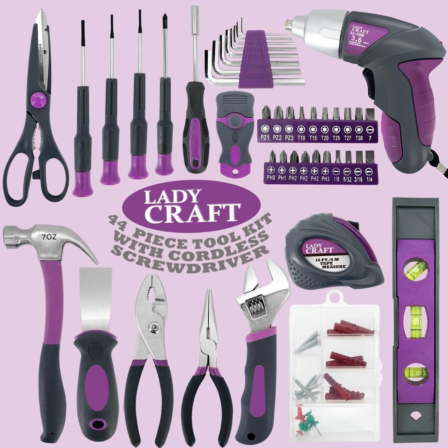 Elegant Pink 44-Piece Tool Set with Powerful Cordless Screwdriver - Gift-Ready