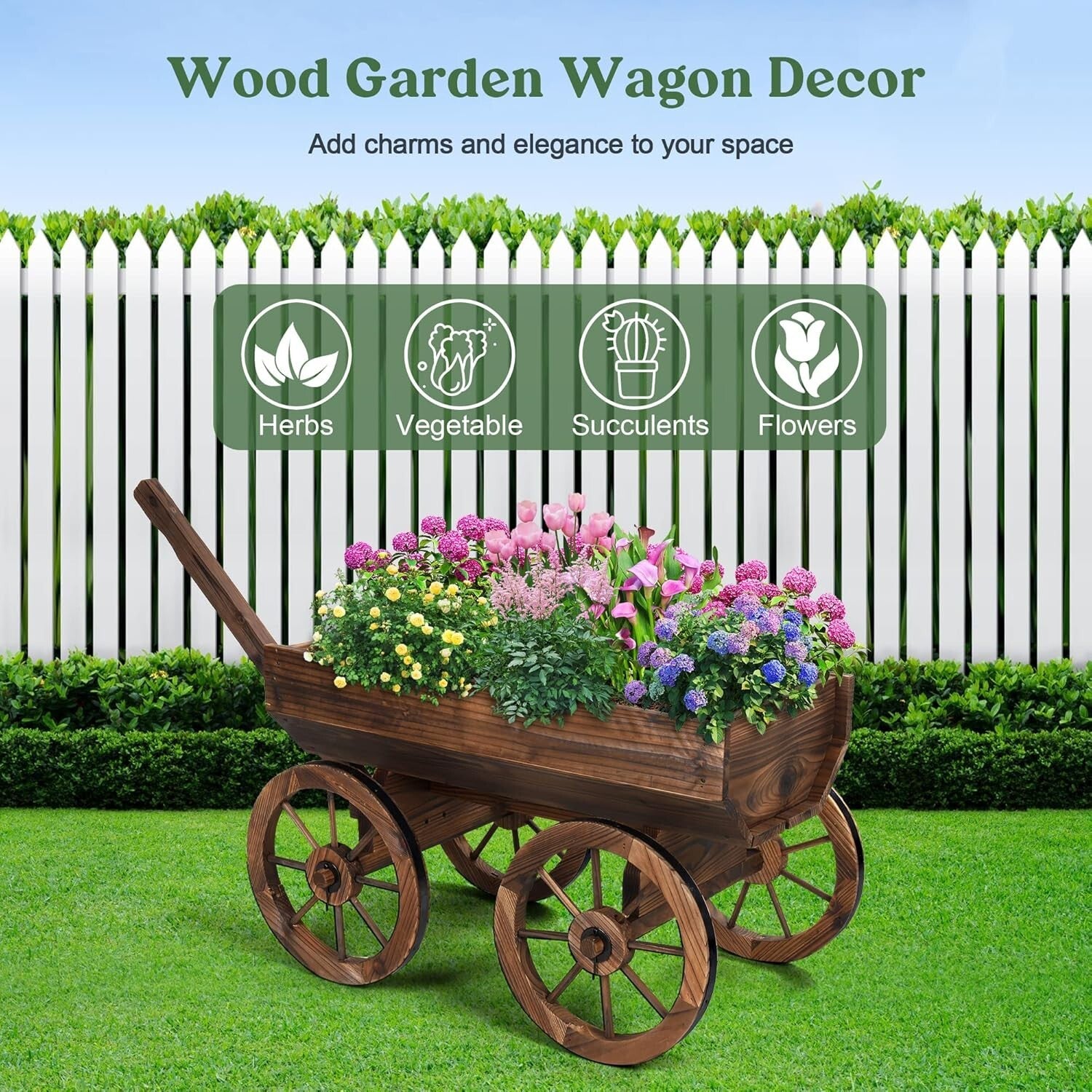 Adjustable Wooden Garden Cart with Wheels for Charming Outdoor Flower Display