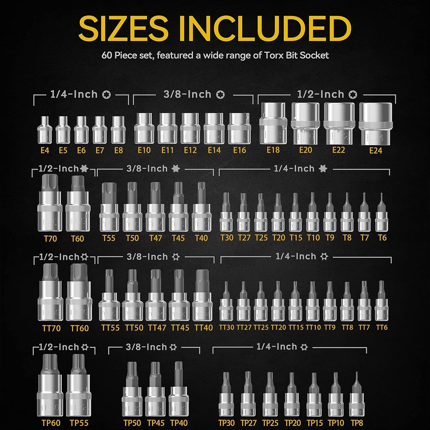 60-Piece Torx Bit Socket Set - Chrome Plated and Durable for Precision Work