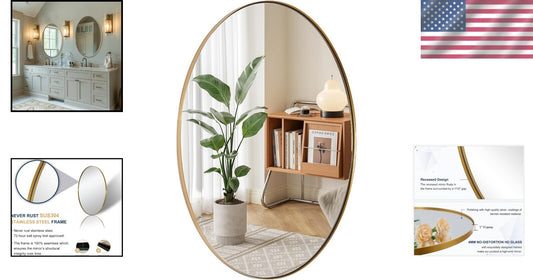 Brushed Gold Oval Mirror - Elegant 22x30'' Stainless Steel Bath Wall Mount