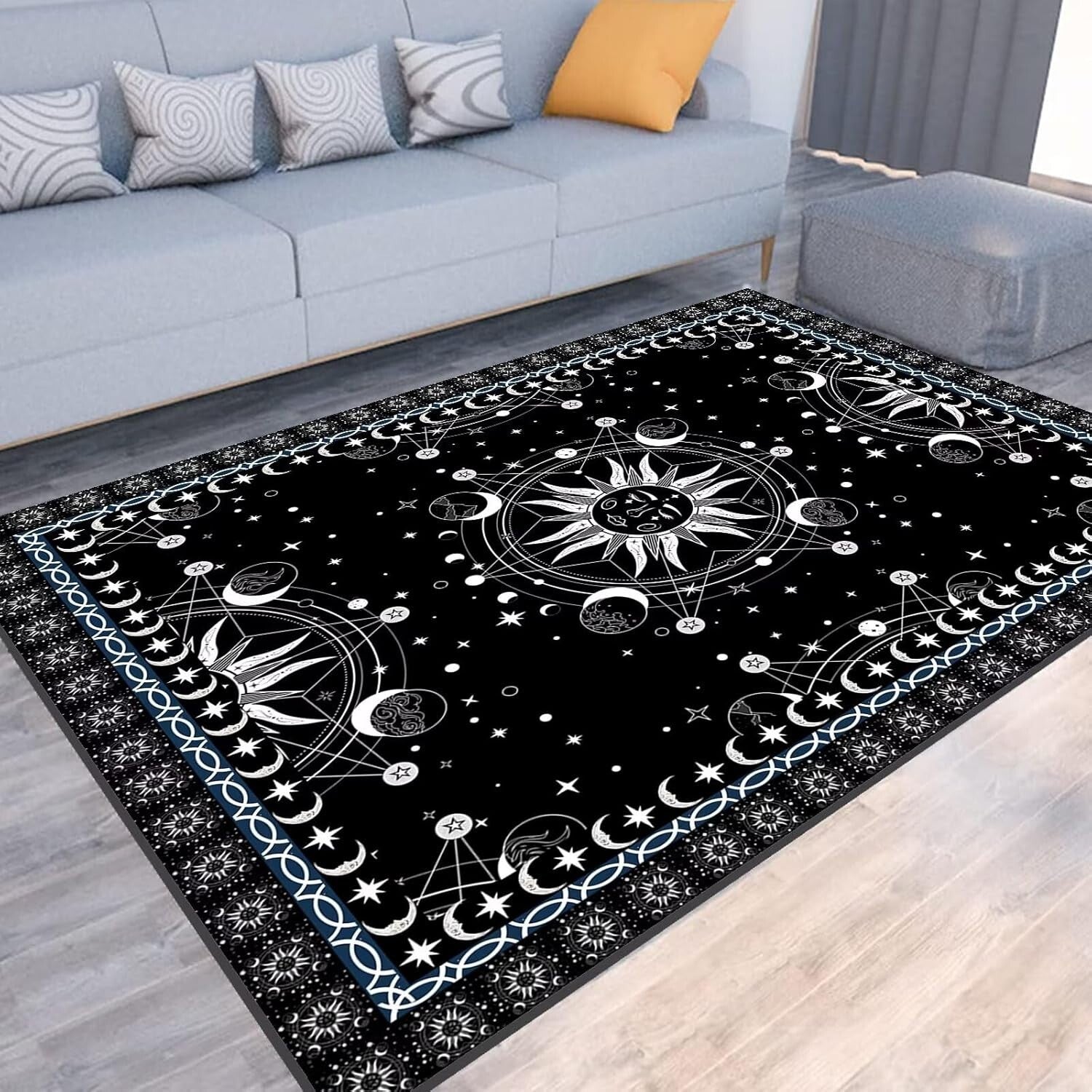 Whimsical 5' x 7' Black Polyester Floral Rug with Anti-Slip Design for Home Use