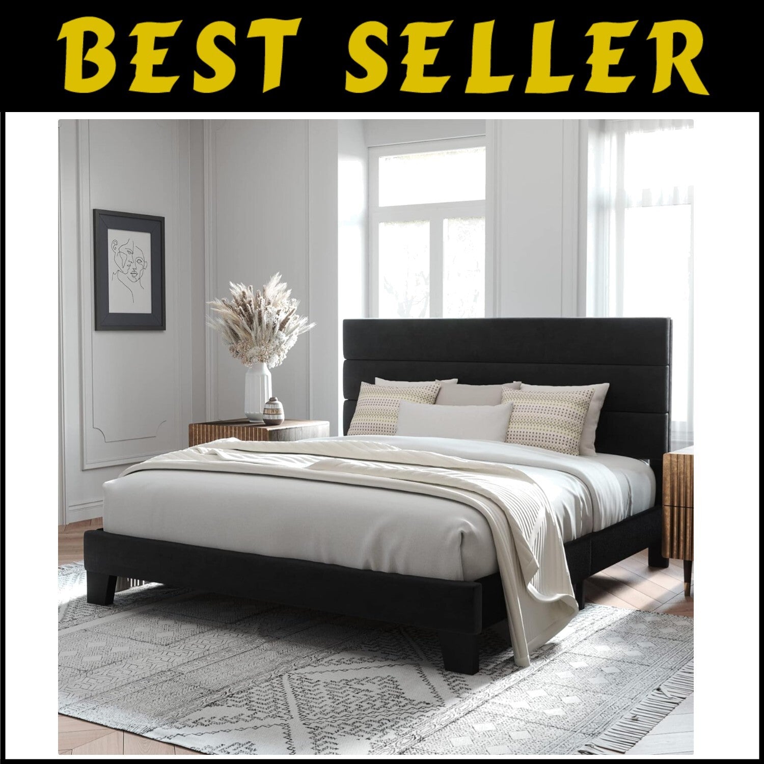 Luxury King Size Velvet Upholstered Platform Bed Frame - Easy Assembly | Black