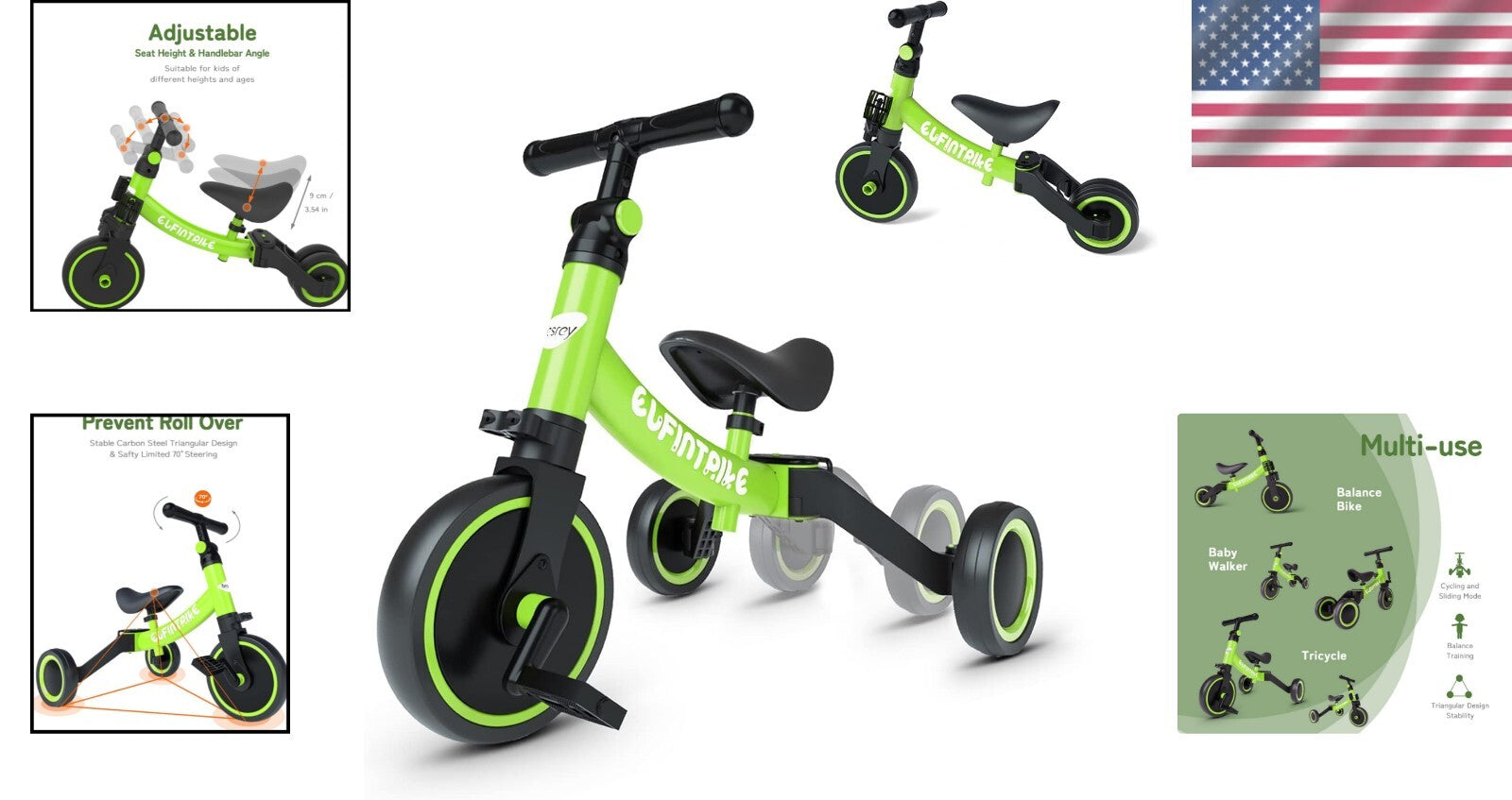 Durable Carbon Steel Toddler Bike: Balance Training Tricycle for Ages 10m-4yr