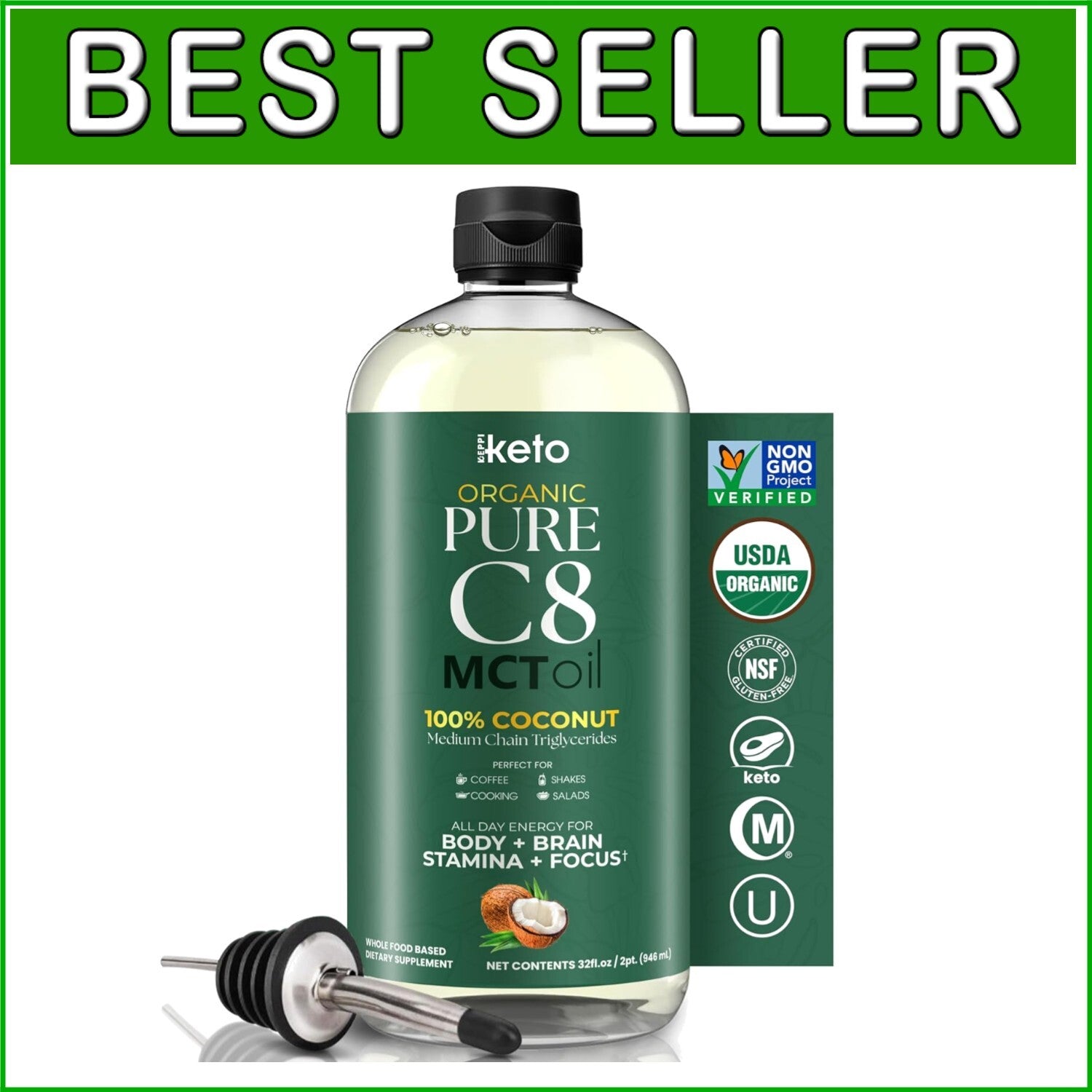 Flavorless Keto MCT Oil 32 oz - Non-GMO, Vegan, Perfect for Smoothies & Coffee