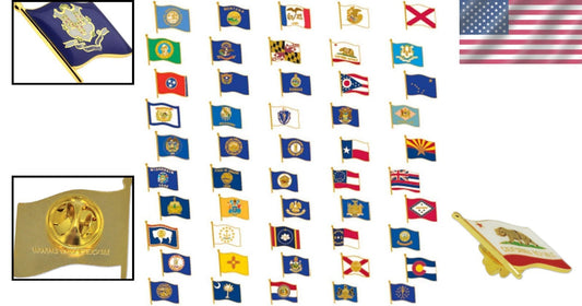 Complete Collection of Gold-Plated State Shape Enamel Lapel Pins – 50 Pack