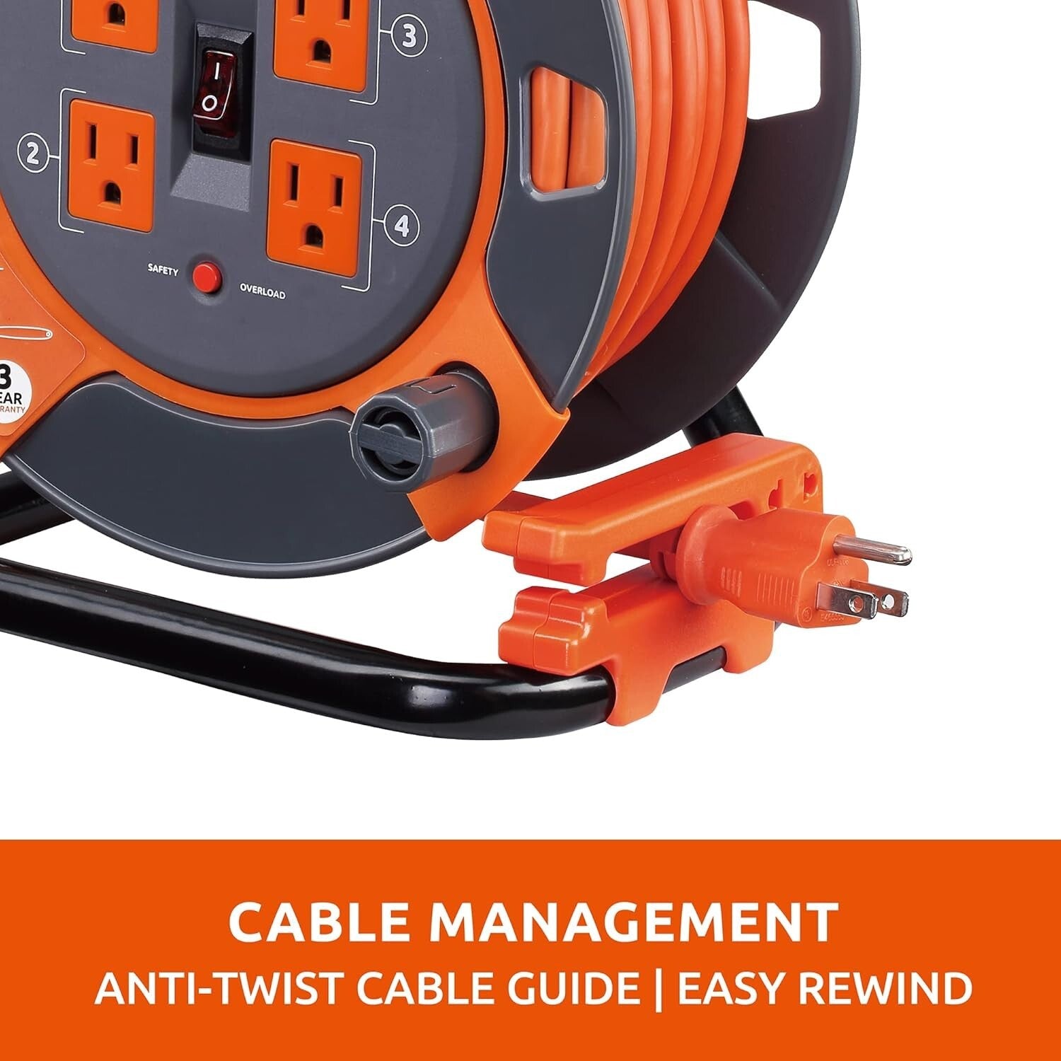 60 Ft High Visibility Extension Cord Reel - 4 Outlets & Tangle-Free Management