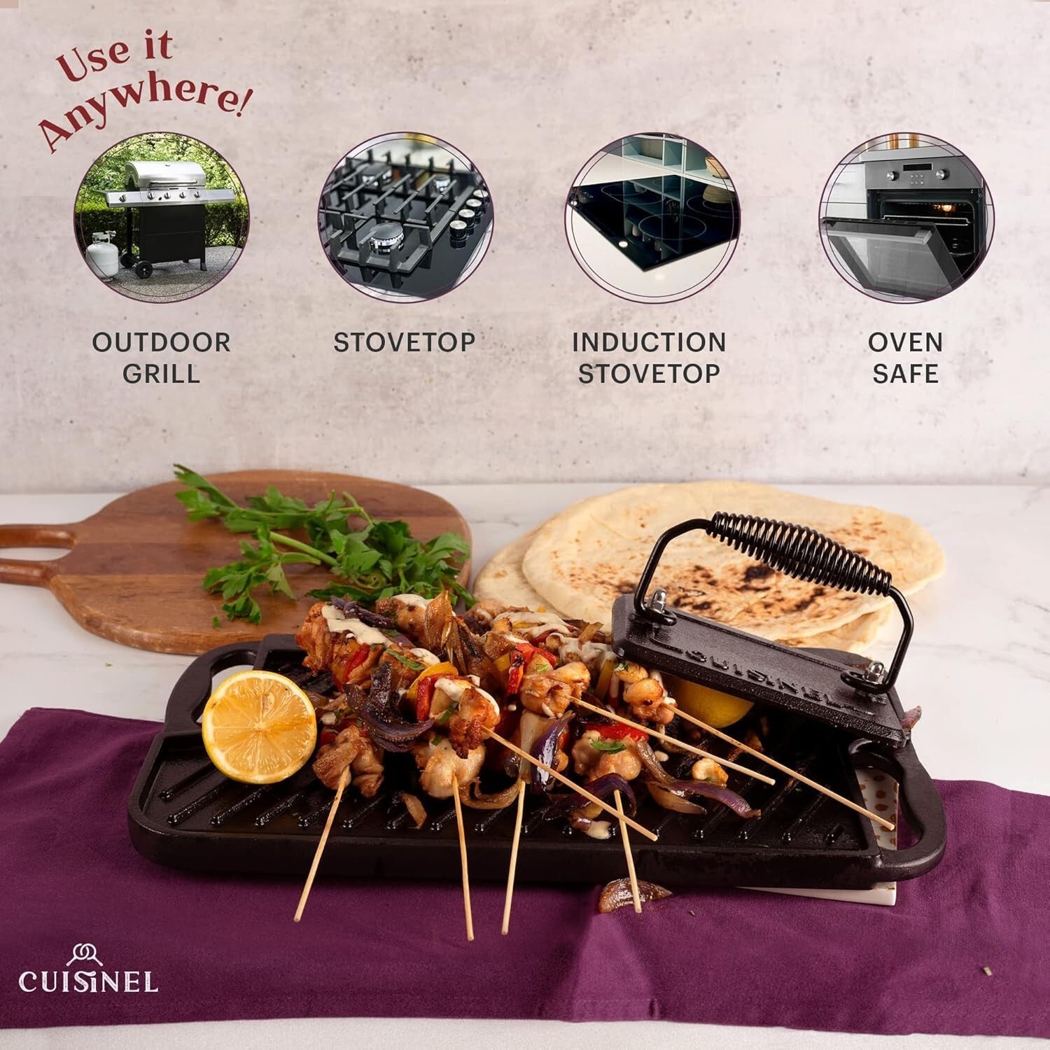 Durable Cast Iron Grill/Griddle Combo - 16.75" x 9.5" + Essential Cleaning Tools