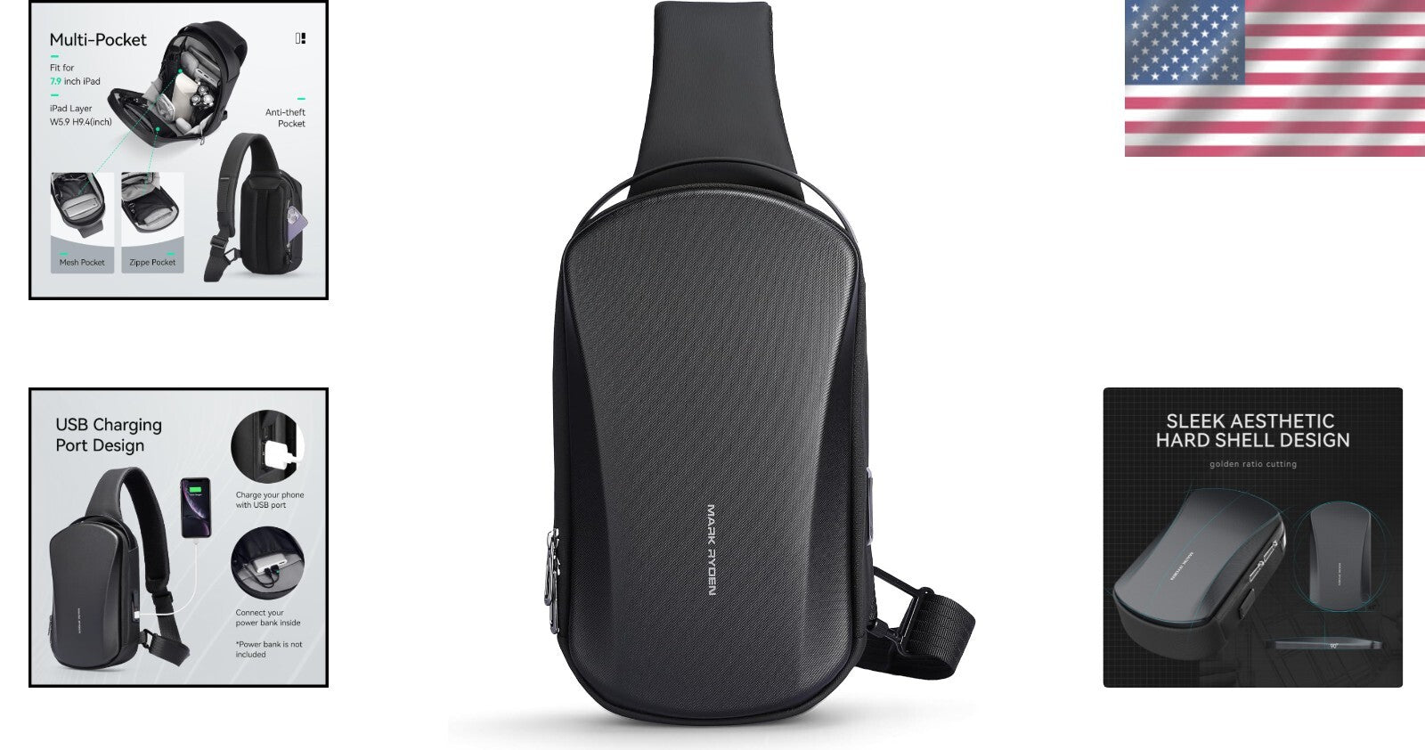 Multi-Functional Men's Sling Bag with Hard Shell & USB Port - Perfect for Travel