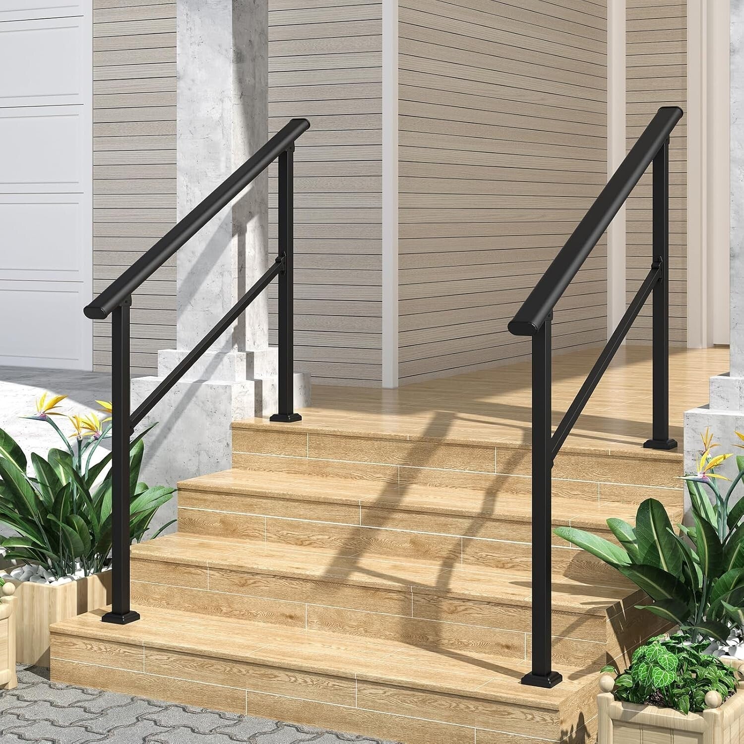 Elegant Black Wrought Iron Outdoor Handrails - 2 Pack for Easy Install Steps