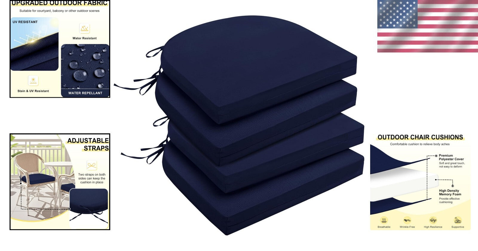 Set of 4 Water-Resistant Navy Outdoor Chair Cushions with Memory Foam Support
