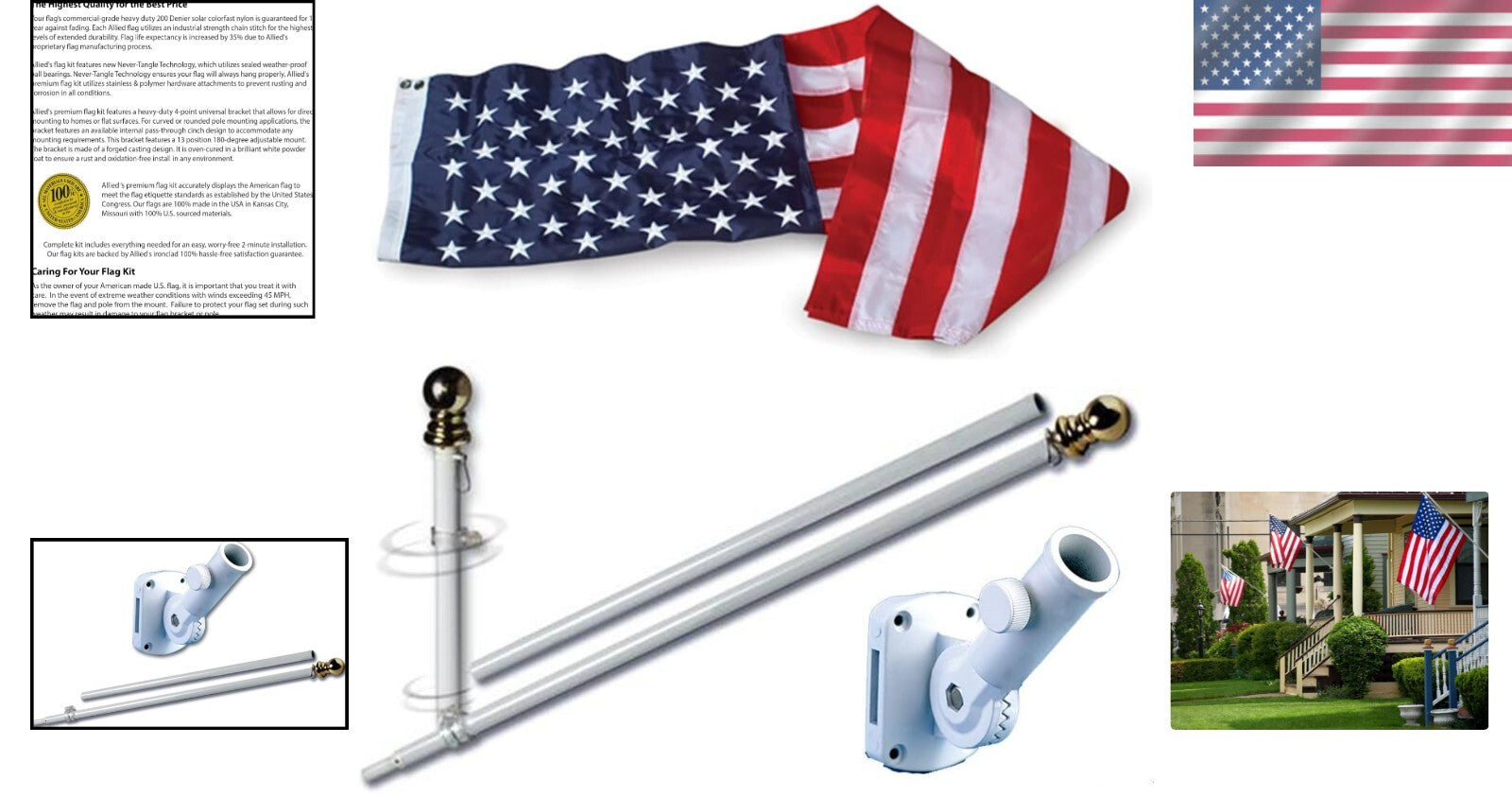 Durable 3x5 NYLON American Flag with Tangle-Free 5' Flag Pole - All Occasion Kit