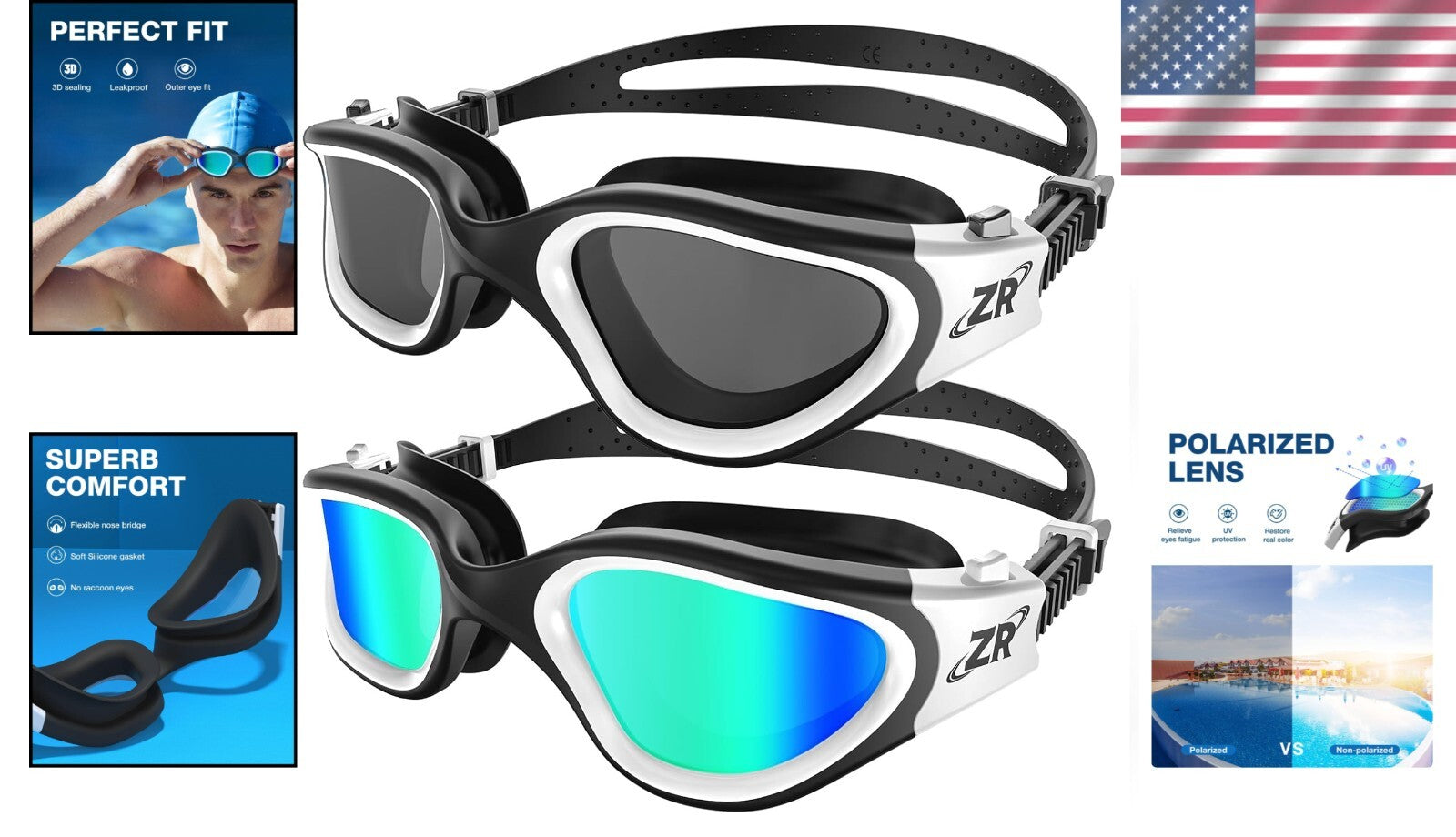 Durable 2 Pack Polarized Swim Goggles with Ergonomic Fit - For All Skill Levels