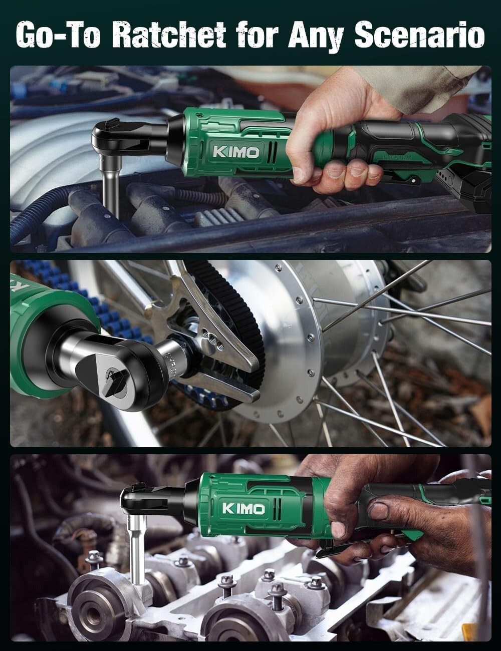 Versatile Cordless Ratchet Wrench 3/8" with Extension & Adapters - KIMO 20V Set
