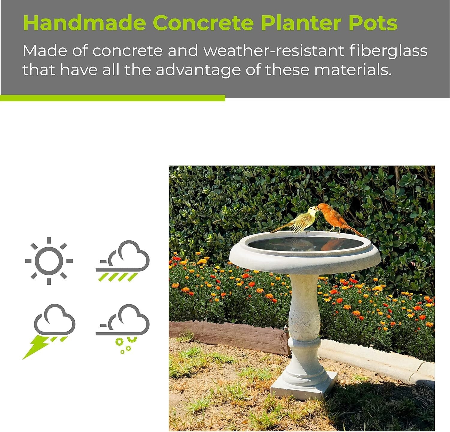 Elegant 24.5" Traditional Flower Pattern Concrete Birdbath for Garden Birds