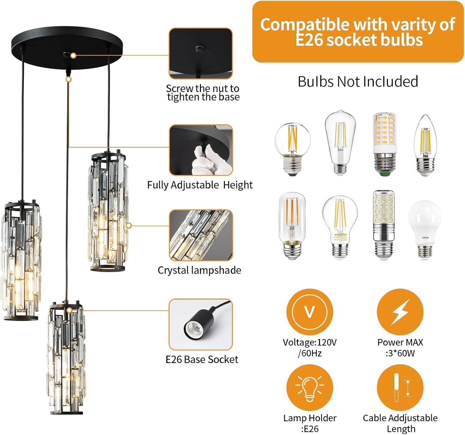 Modern Black Metal & Crystal Pendant Light - Perfect for Living Room and Kitchen