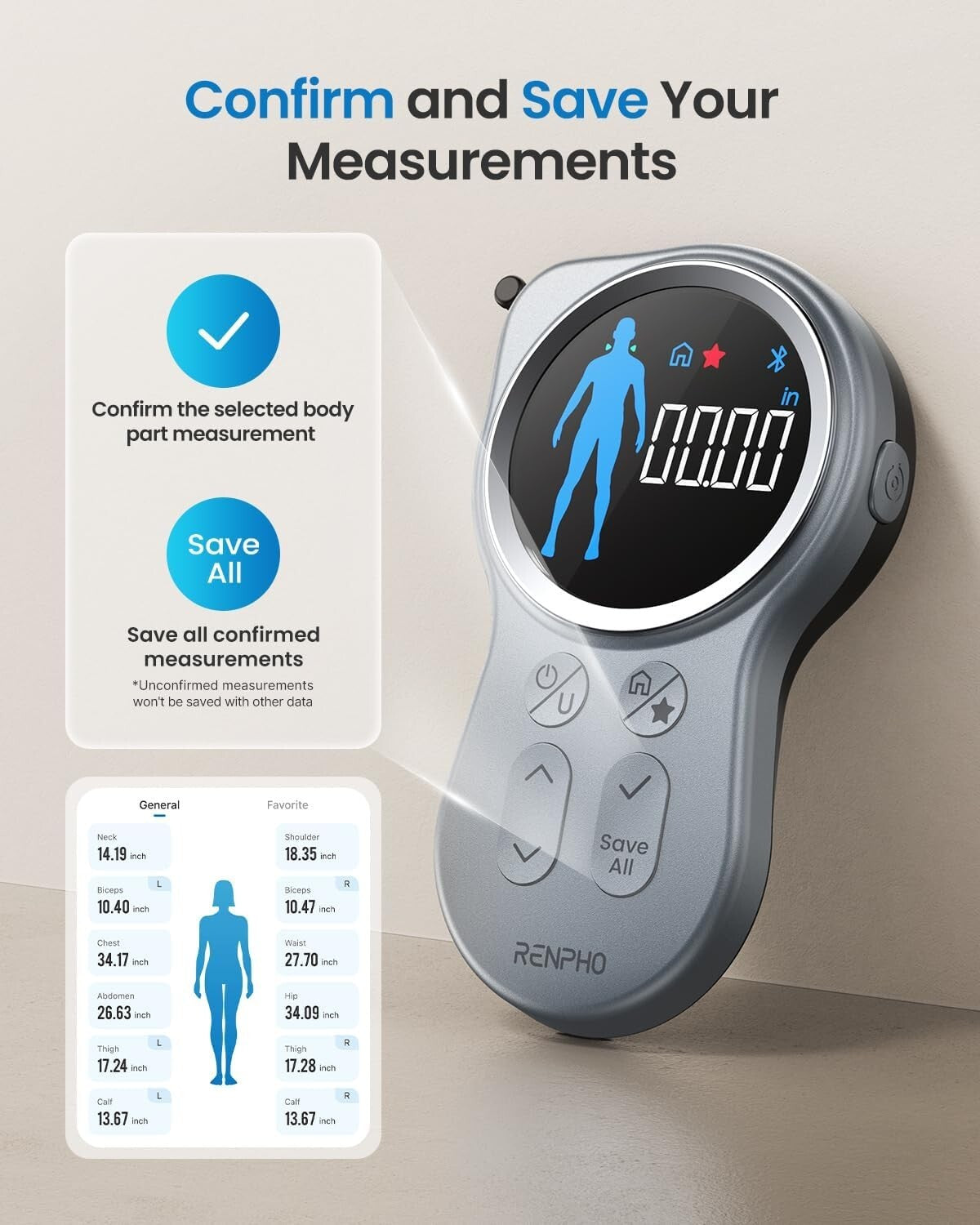 Ergonomic Smart Tape Measure with Large Display & Health App Integration