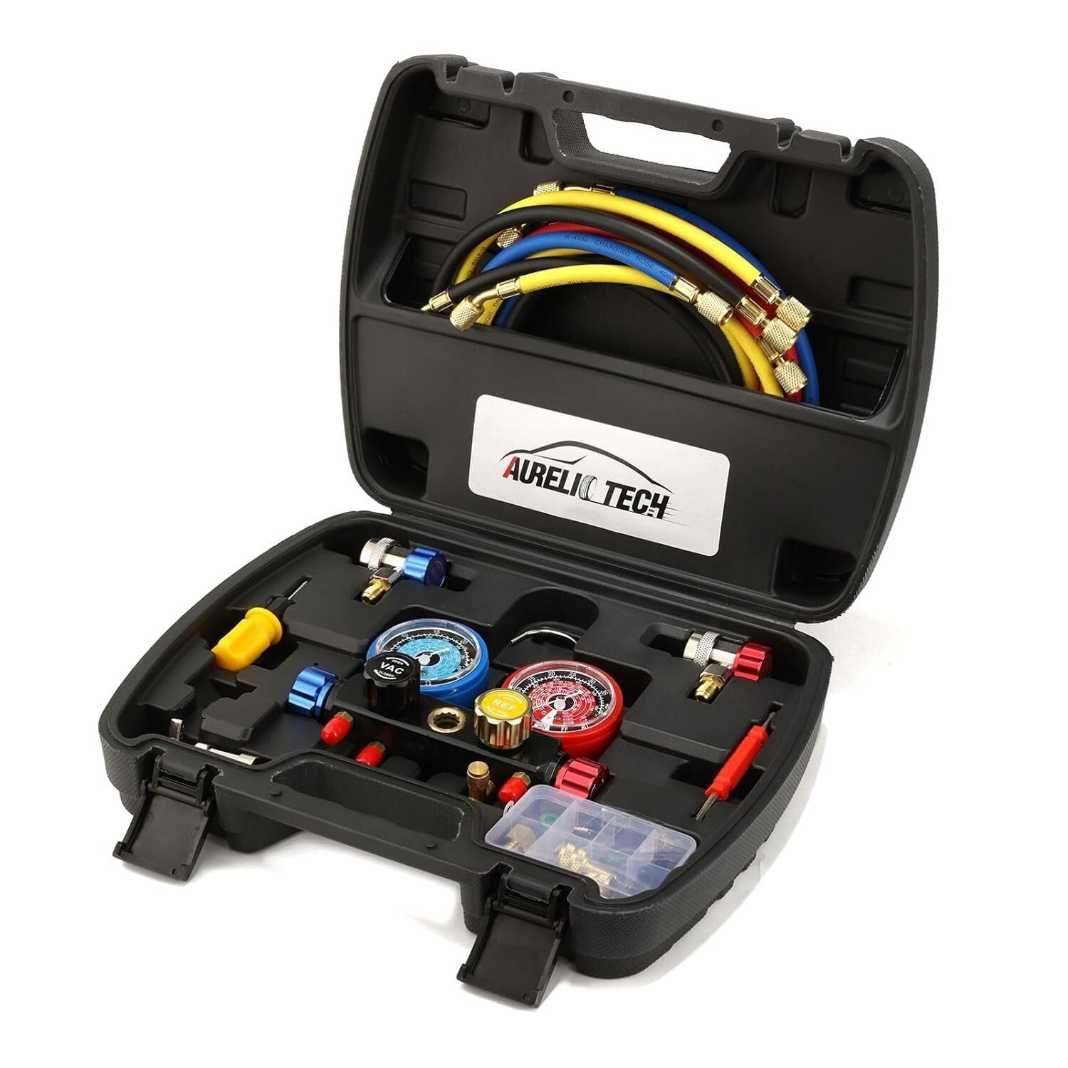 Multi-Refrigerant A/C Gauge Set with Brass Valves, 5FT Hose & 3 Tank Adapters