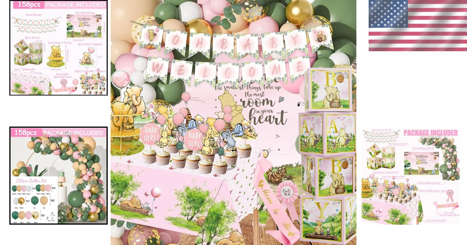 Classic Winnie Pooh Baby Shower Decorations in Pink – Complete 158-Piece Set