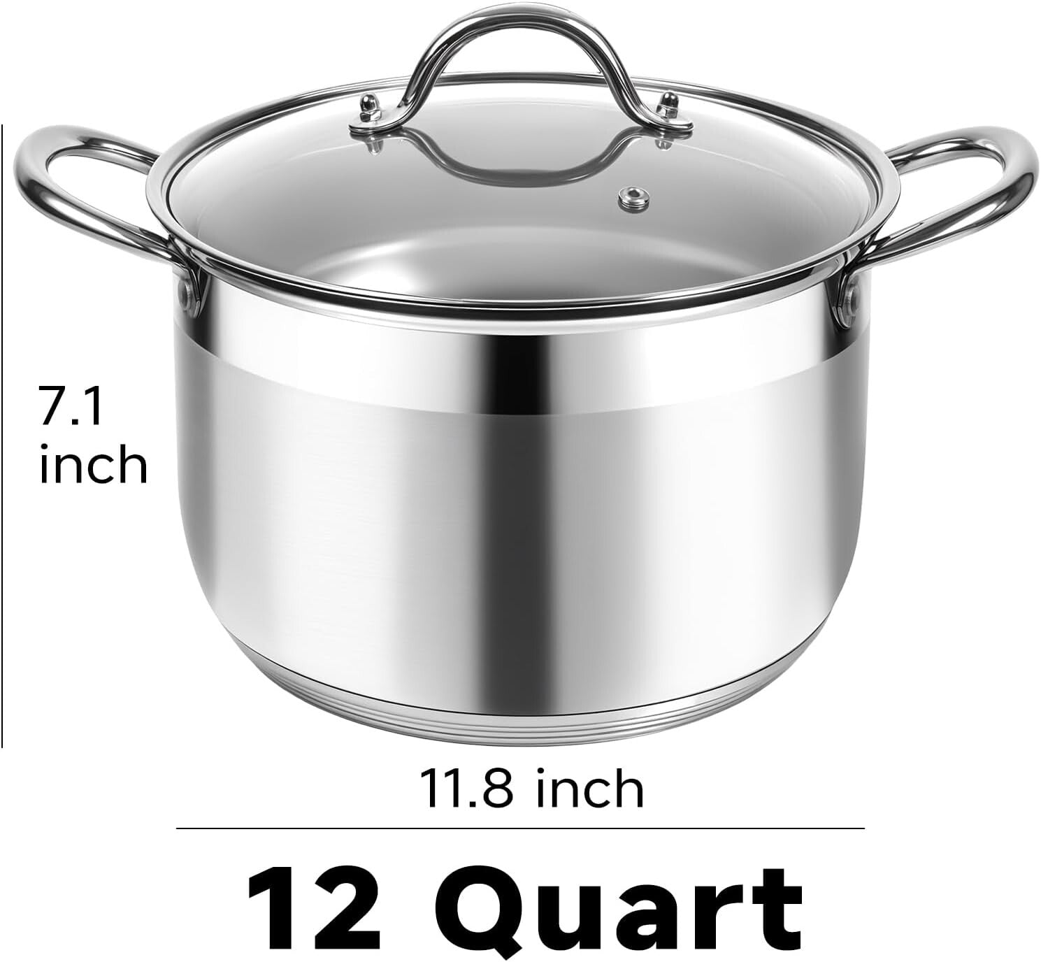 12 Quart Stainless Steel Stock Pot with Glass Lid - Heavy Duty & Nonstick