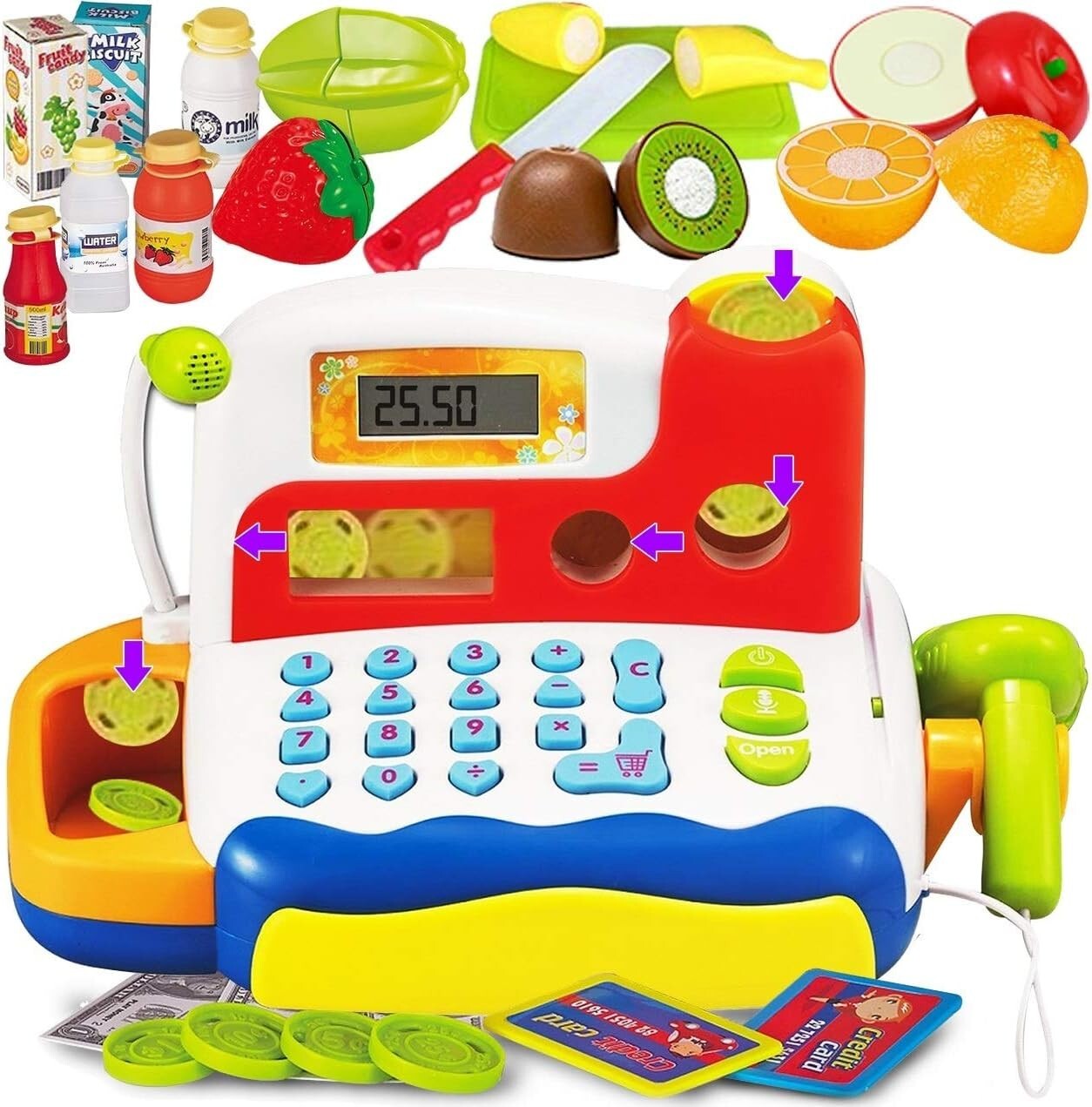 Engaging Toy Cash Register with Sound, Play Money & Grocery Items for Kids