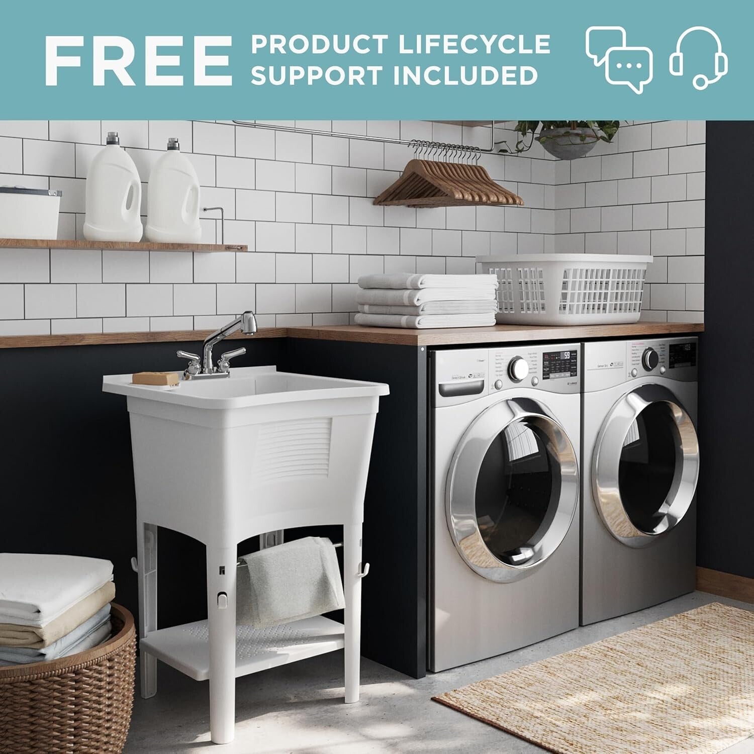 All-in-One Utility Sink with Shelf & Hooks for Convenient Laundry Setup - White