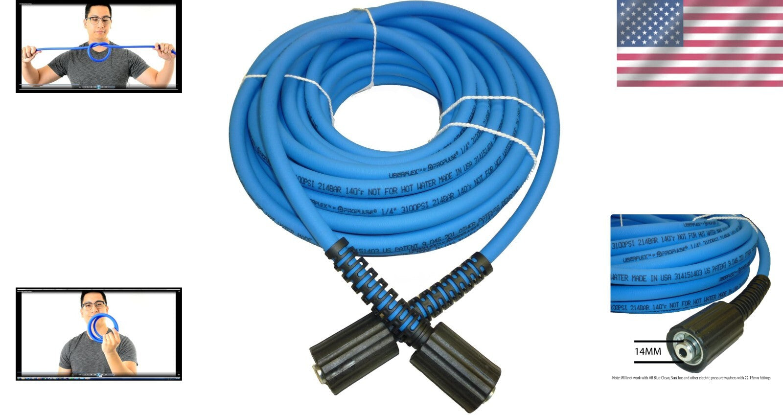 Durable 50' Kink-Resistant 3100 PSI Pressure Washer Hose with 22mm-14 Connects
