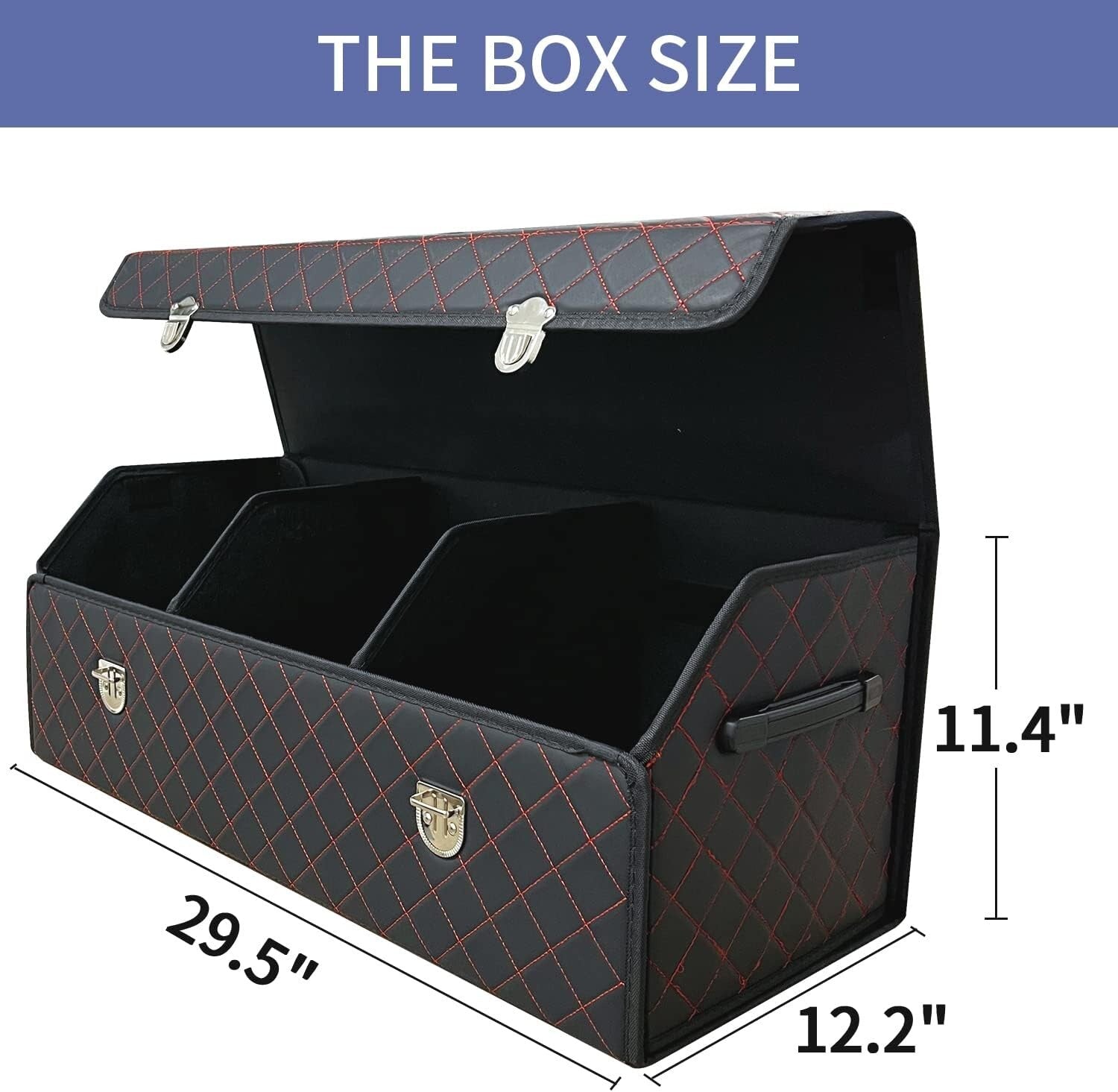 Elegant Foldable Black Red Grid Car Storage Box - Keeps Your Trunk Organized