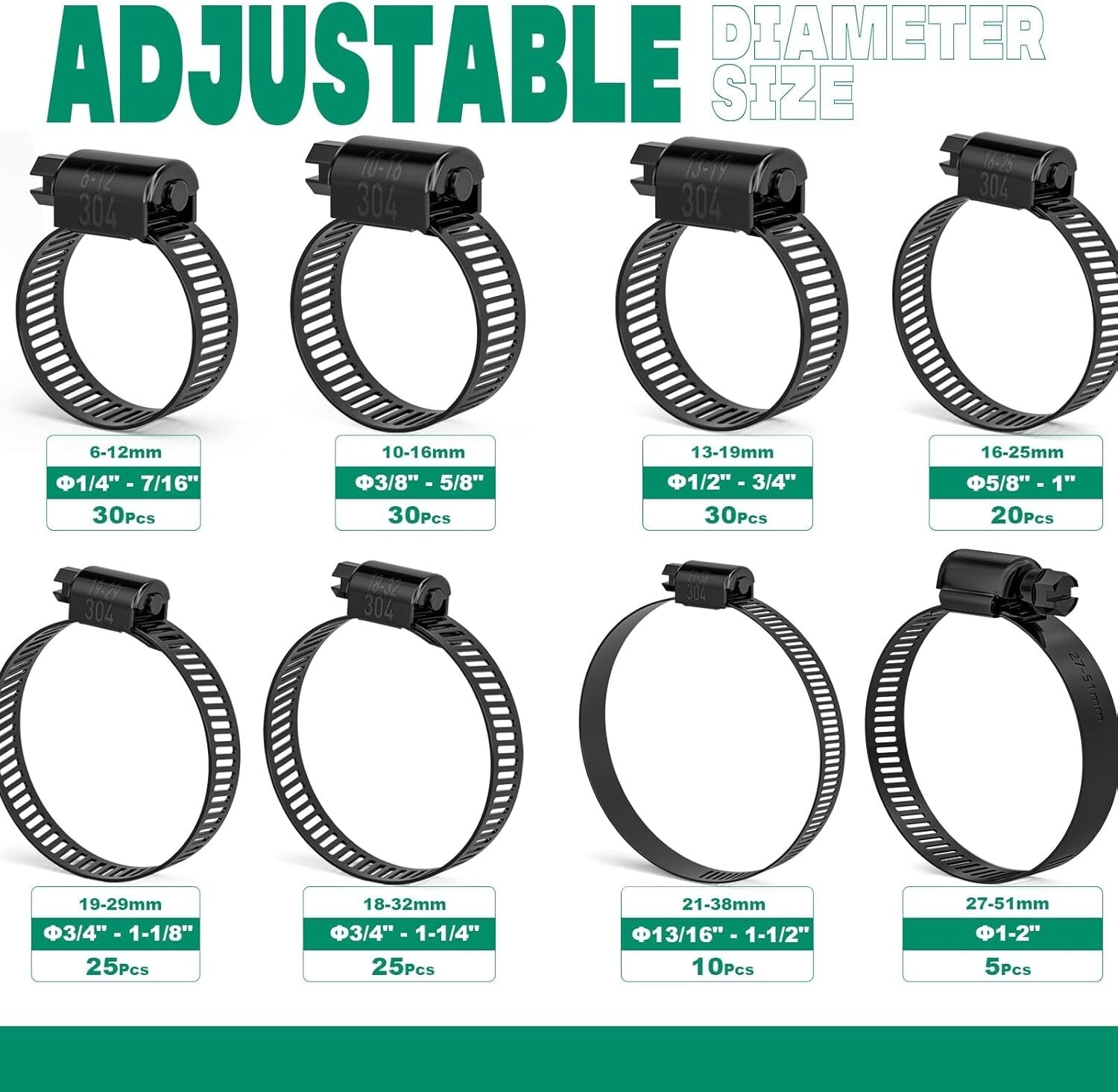 Durable Adjustable Hose Clamps Kit - 1/4" to 2" Black Stainless Steel Collection