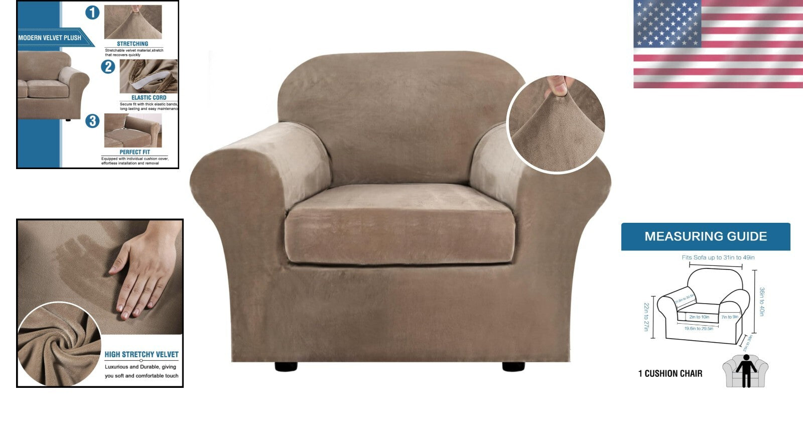 Stylish Camel Velvet Chair Cover Set - 2 Piece Slipcover for Everyday Protection