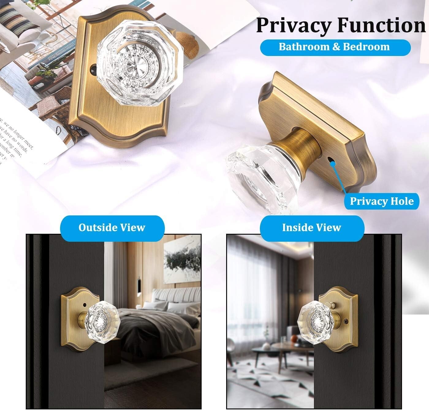 2-Pack Crystal Privacy Door Lock Sets - Antique Brass Knob with Push Button Lock