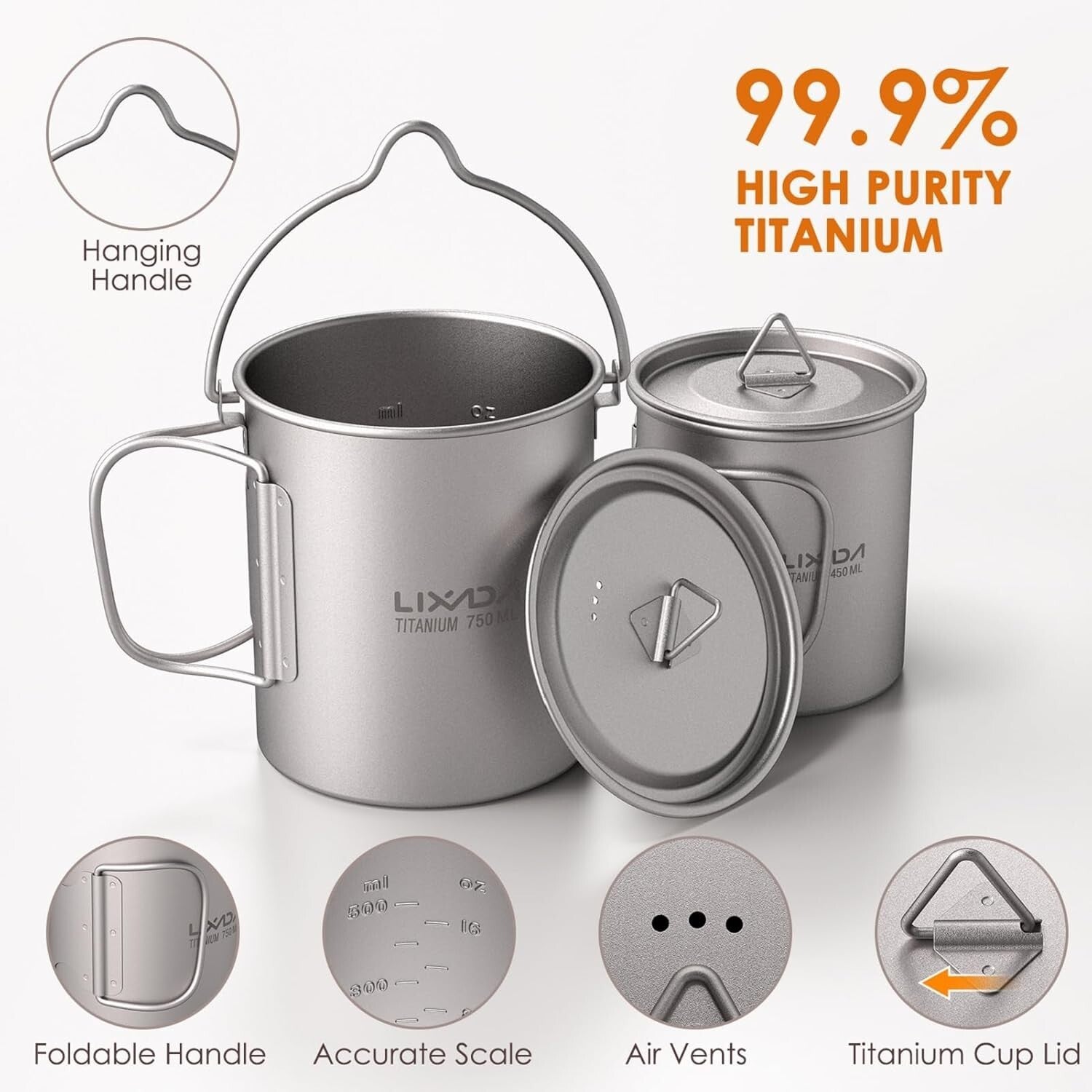 Durable Titanium Camping Cookware with 450ml Coffee Mug & Collapsible Spork