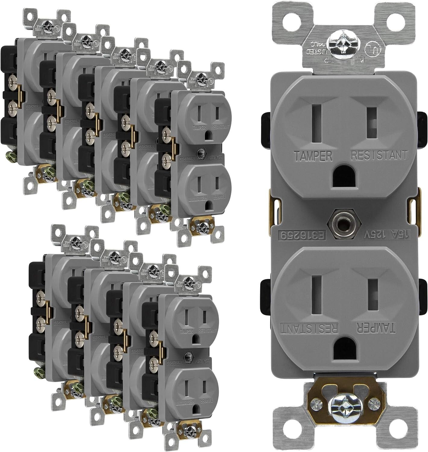 10-Pack Tamper-Resistant Industrial Grade Duplex Outlets, 15A 125V, UL Listed