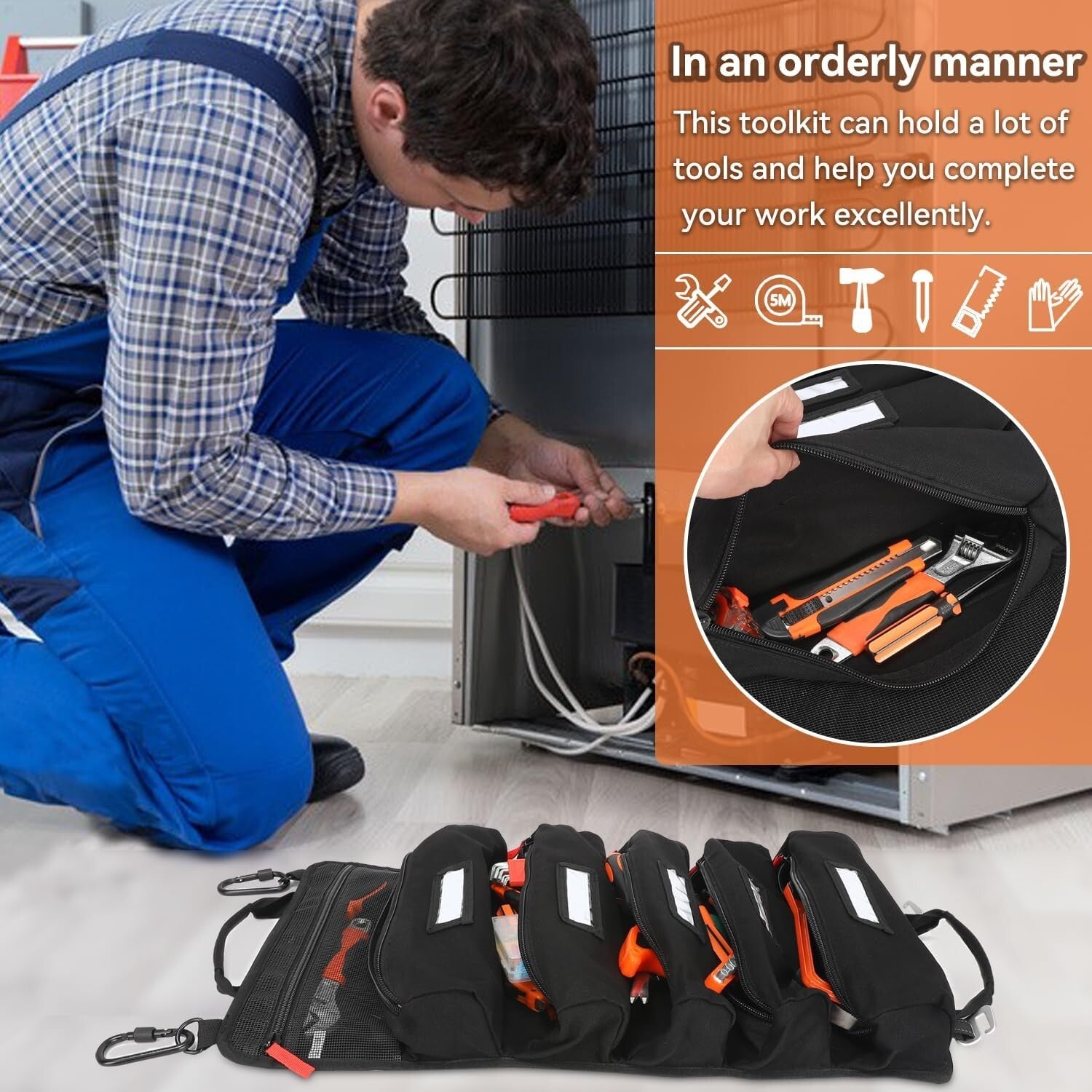 5-Pouch Tool Roll Organizer in Durable Canvas - Easy Transport & Storage