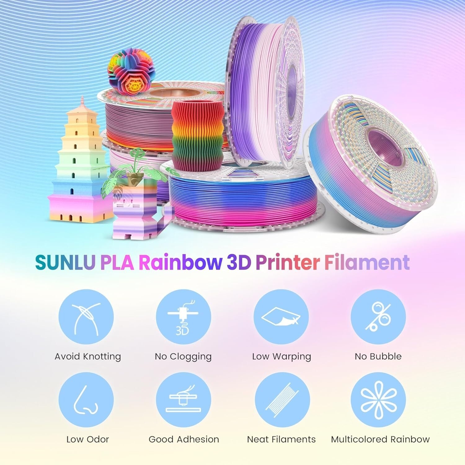 Easy-to-Use Rainbow PLA Filament 4 Pack - Gradient Colors 1.75mm, Vacuum Packed