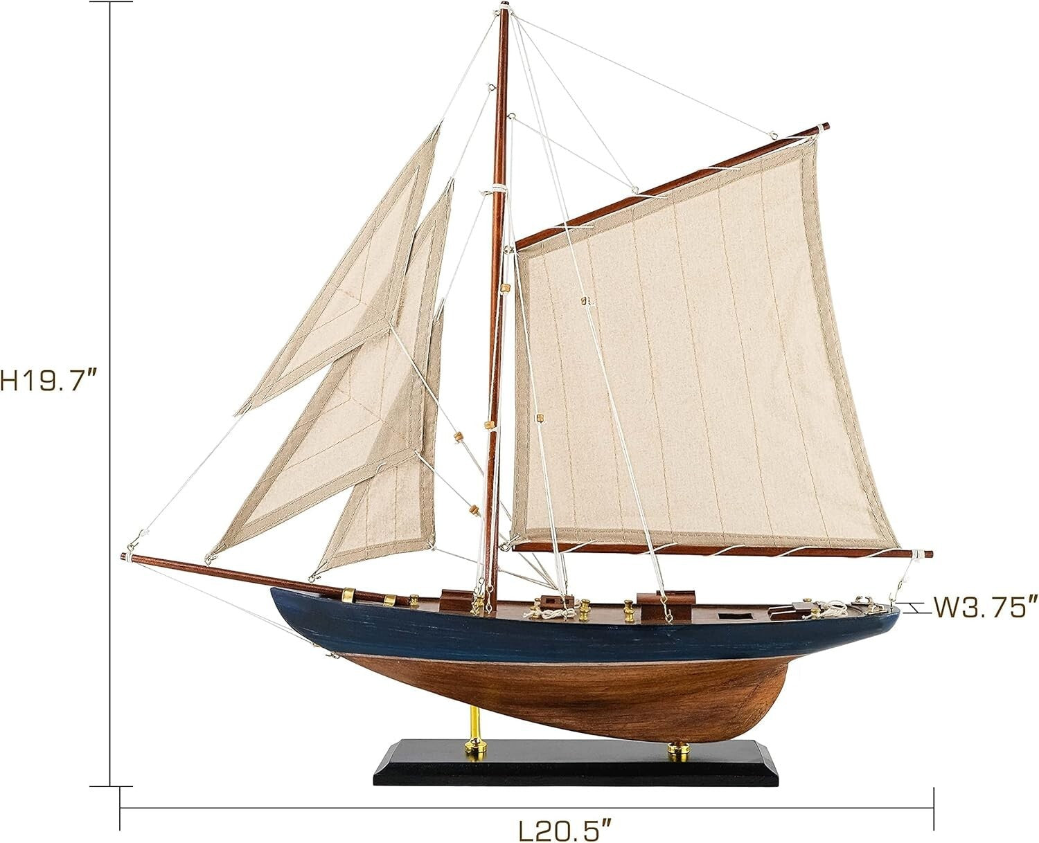 Large Pre-Assembled Sailboat Model with Plank-On-Frame Hull - 20.5" Navy Decor