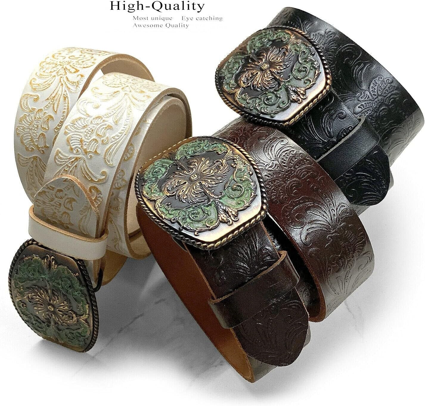 Elegant Genuine Leather Western Floral Engraved Belt with Interchangeable Buckle