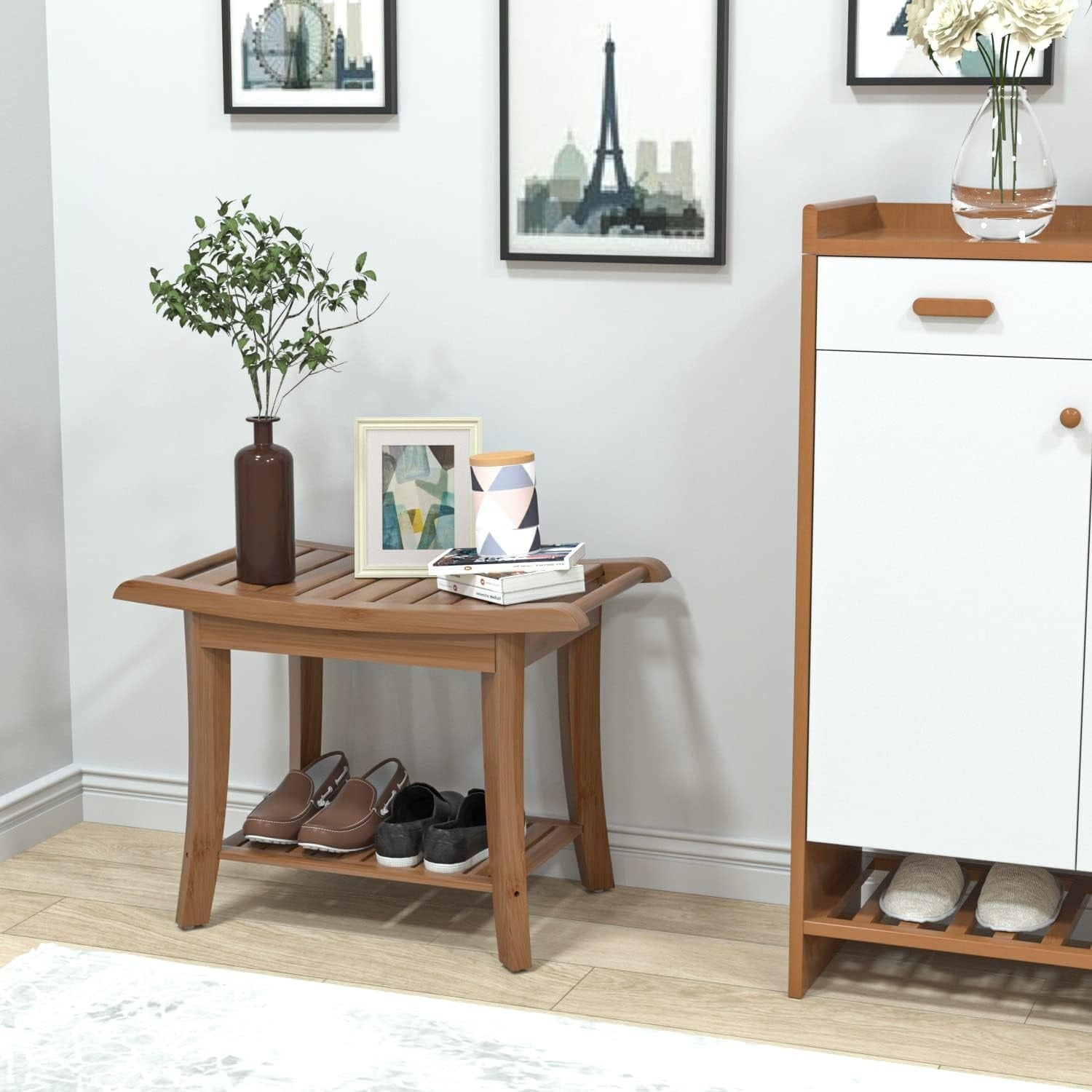 Waterproof Bamboo Shower Stool with Storage Shelf - Elegant Walnut Finish